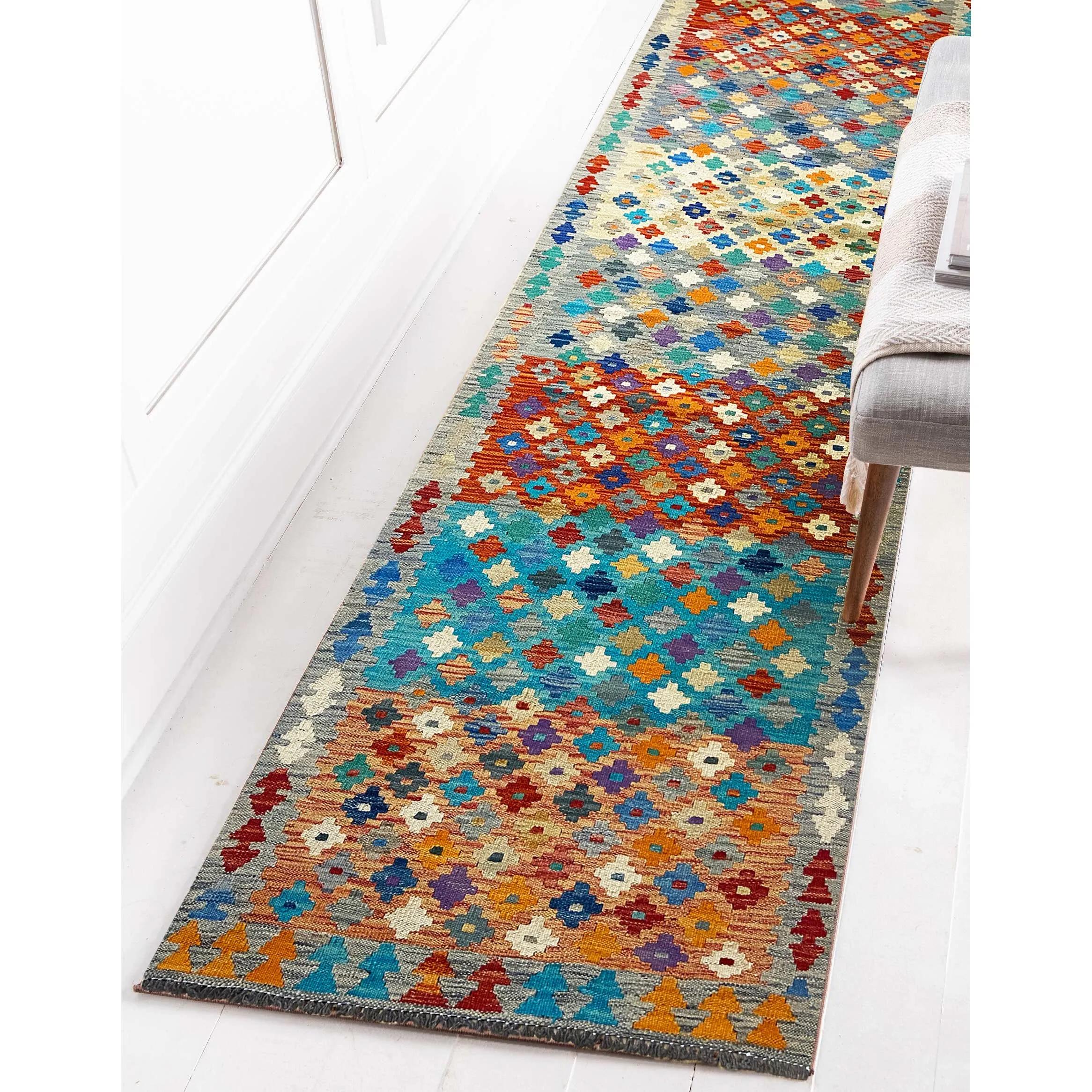 Afghan All Wool Colorful Kilim Runner 2′ 9″ x 9′ 7″ For Sale