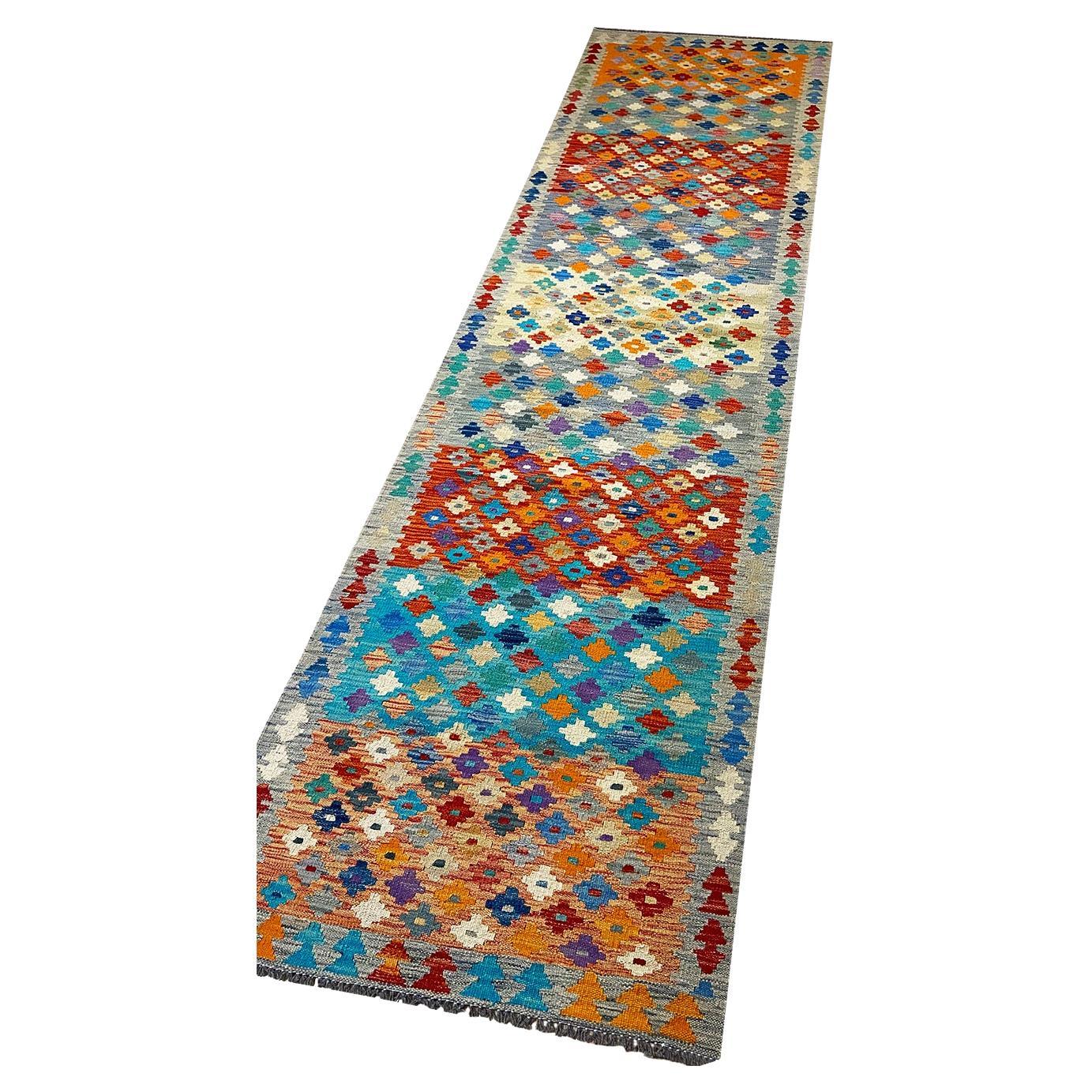 All Wool Colorful Kilim Runner 2′ 9″ x 9′ 7″