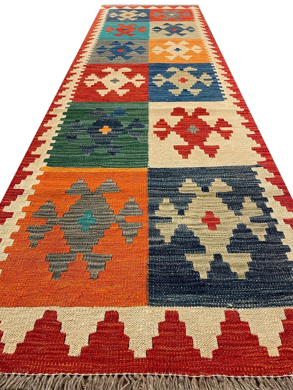 Turkish All Wool Colorful Kilim Runner For Sale