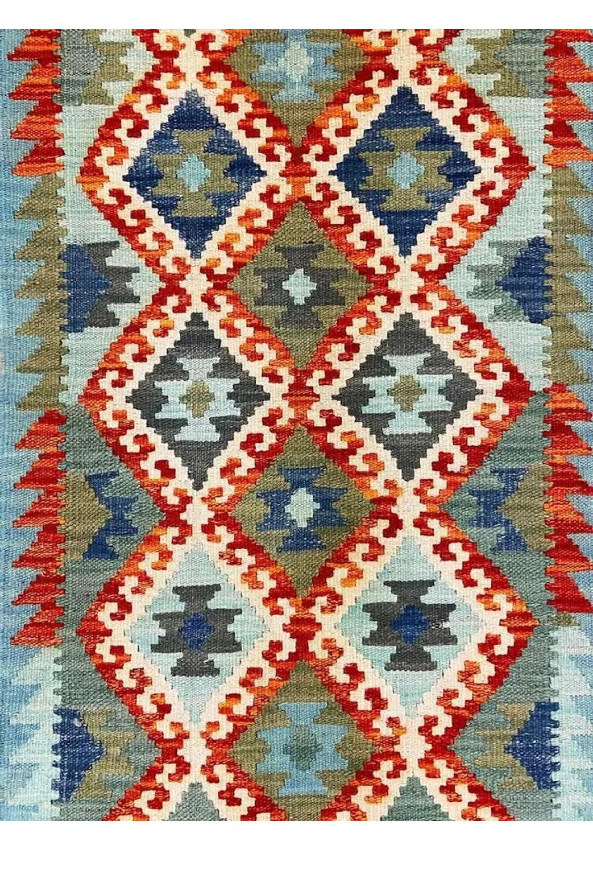 Hand-Woven All Wool Colorful Kilim Runner 2' x 6' 7