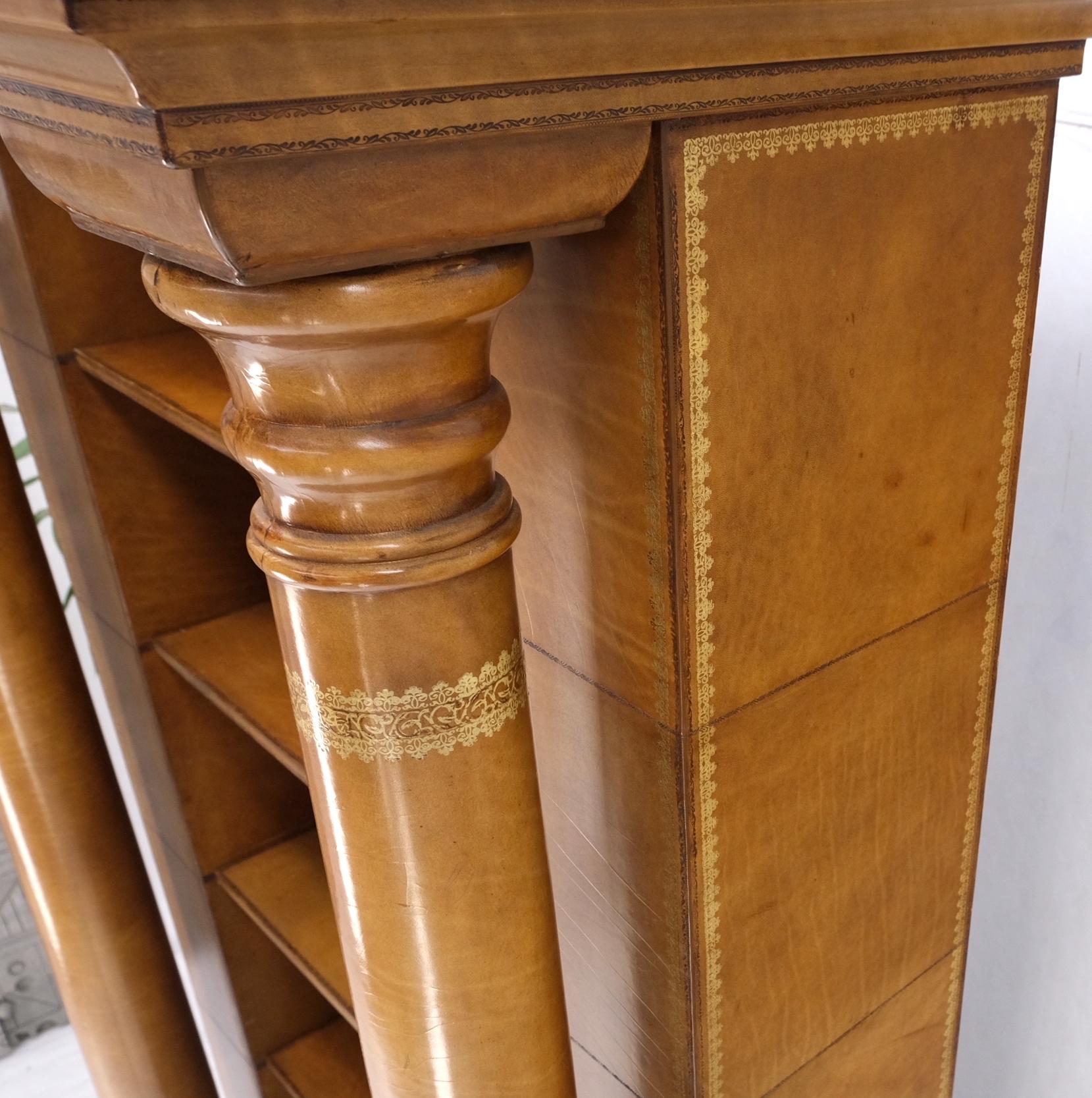 All Wrapped in Tooled Leather Massive Decorative Columns 2 Part Bookcase Hutch For Sale 4