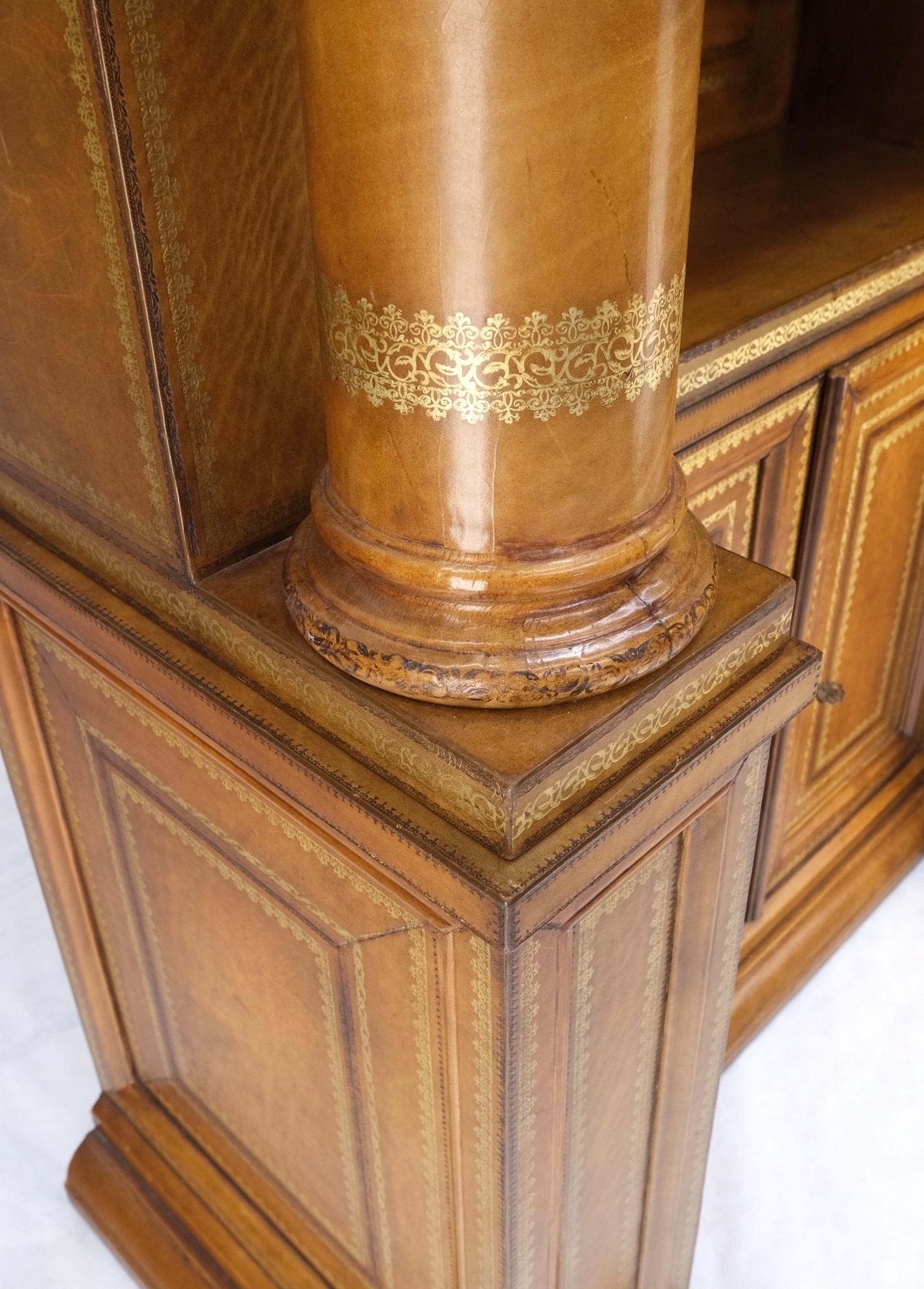 All Wrapped in Tooled Leather Massive Decorative Columns 2 Part Bookcase Hutch For Sale 8