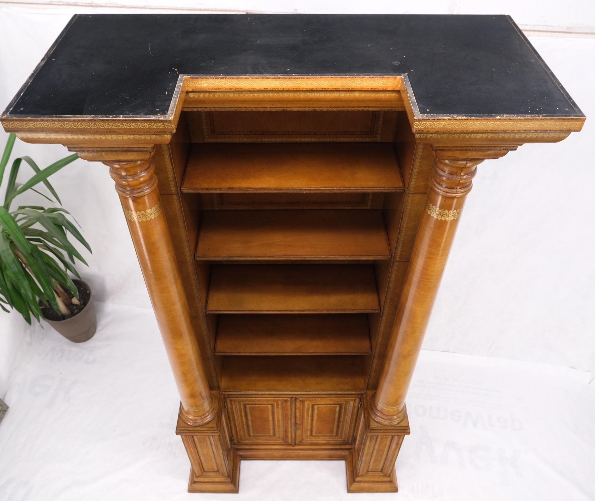 All Wrapped in Tooled Leather Massive Decorative Columns 2 Part Bookcase Hutch For Sale 11