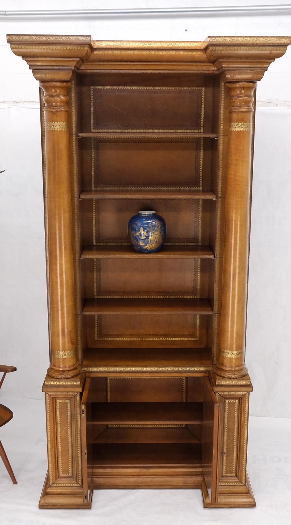 All Wrapped in Tooled Leather Massive Decorative Columns 2 Part Bookcase Hutch For Sale 12