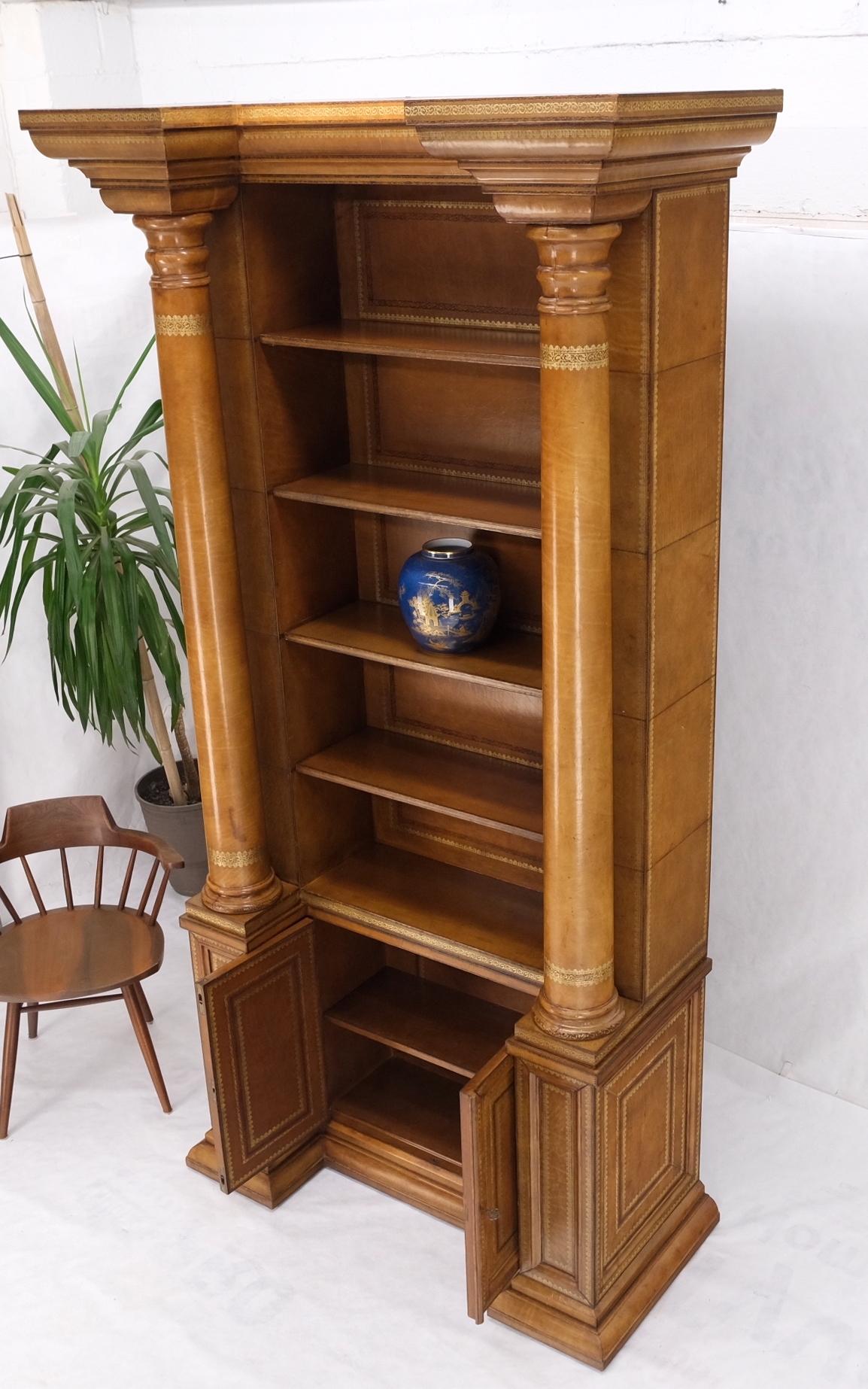 All Wrapped in Tooled Leather Massive Decorative Columns 2 Part Bookcase Hutch For Sale 13