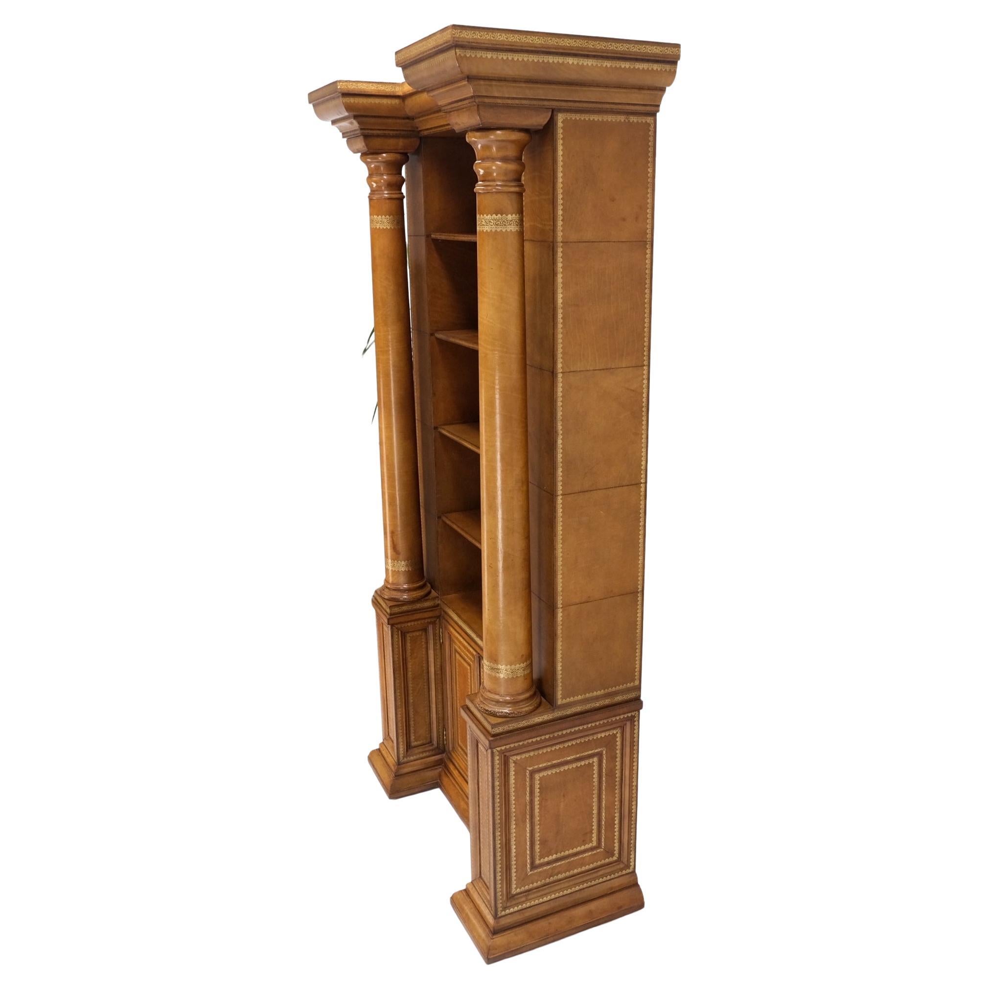 All Wrapped in Tooled Leather Massive Decorative Columns 2 Part Bookcase Hutch In Good Condition For Sale In Rockaway, NJ