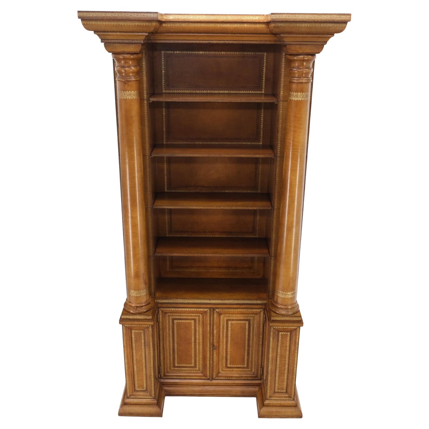 20th Century All Wrapped in Tooled Leather Massive Decorative Columns 2 Part Bookcase Hutch For Sale
