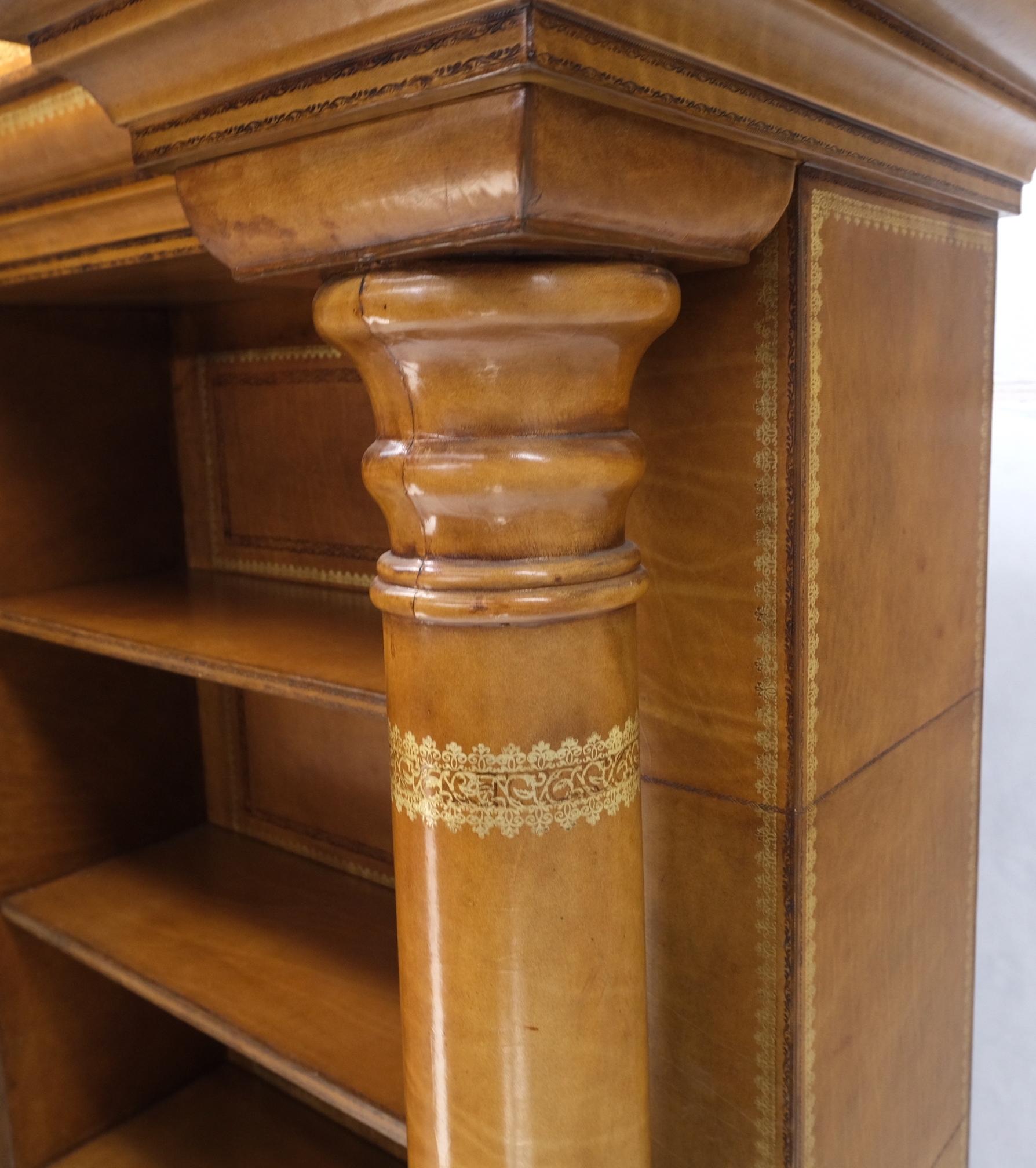 All Wrapped in Tooled Leather Massive Decorative Columns 2 Part Bookcase Hutch For Sale 2