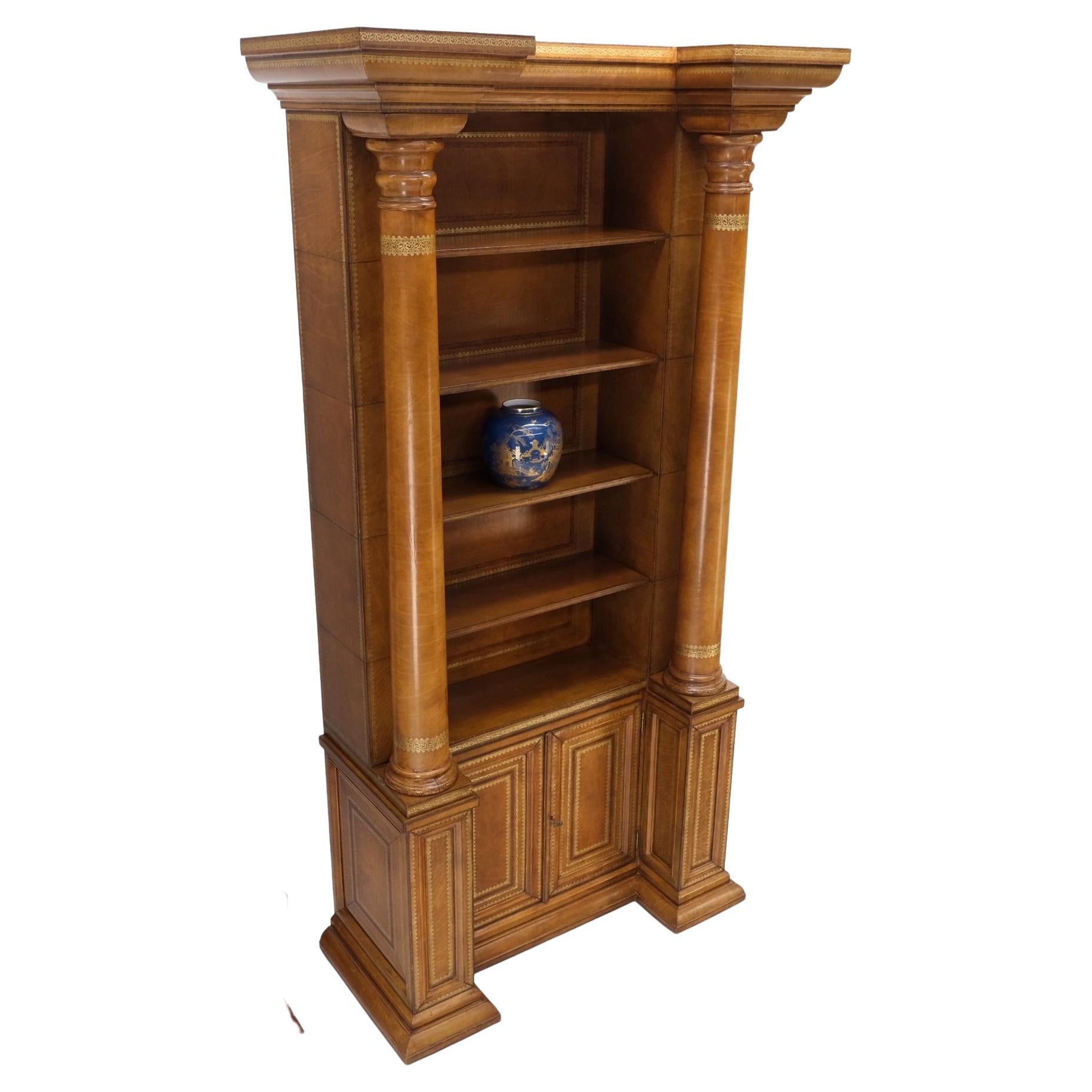 All Wrapped in Tooled Leather Massive Decorative Columns 2 Part Bookcase Hutch For Sale