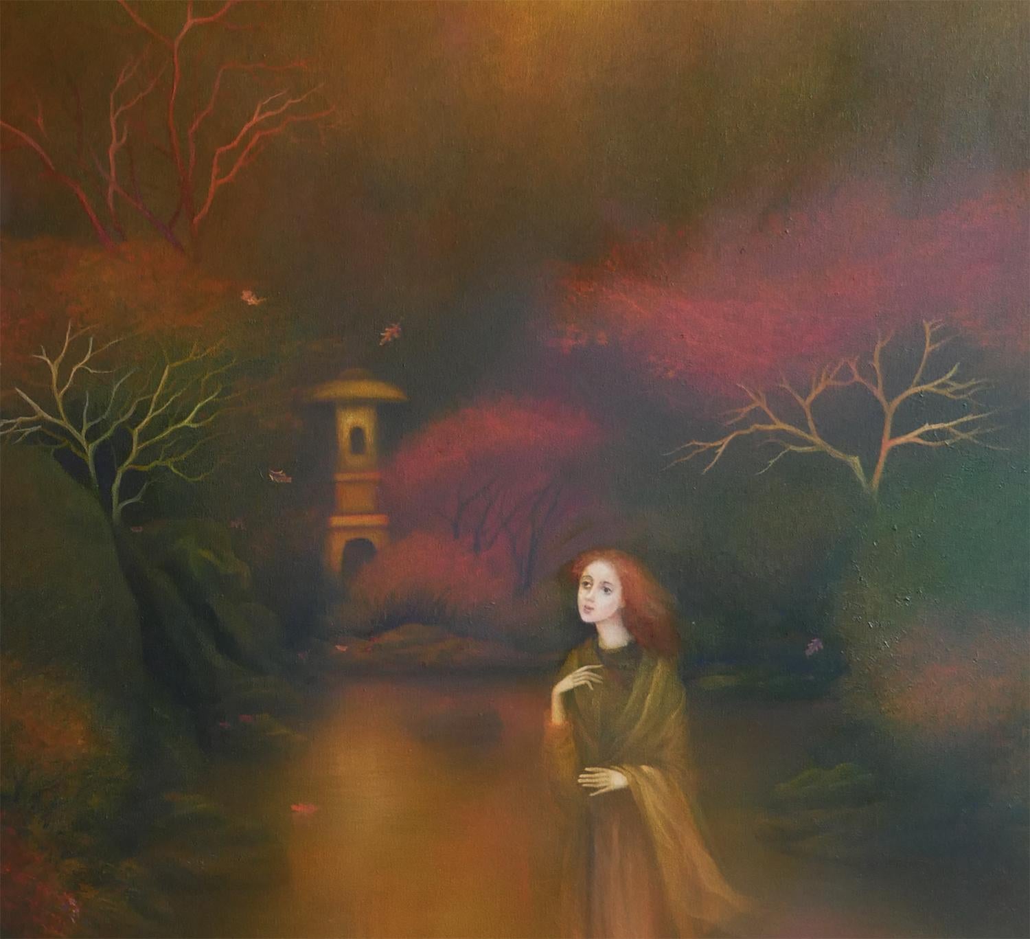 “Autumn Escape” Dark Abstract Figurative Woman in a Forest Surrealist Painting 1