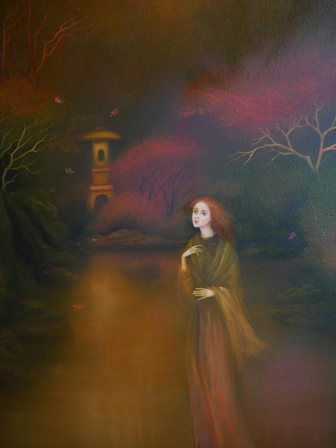 “Autumn Escape” Dark Abstract Figurative Woman in a Forest Surrealist Painting 3