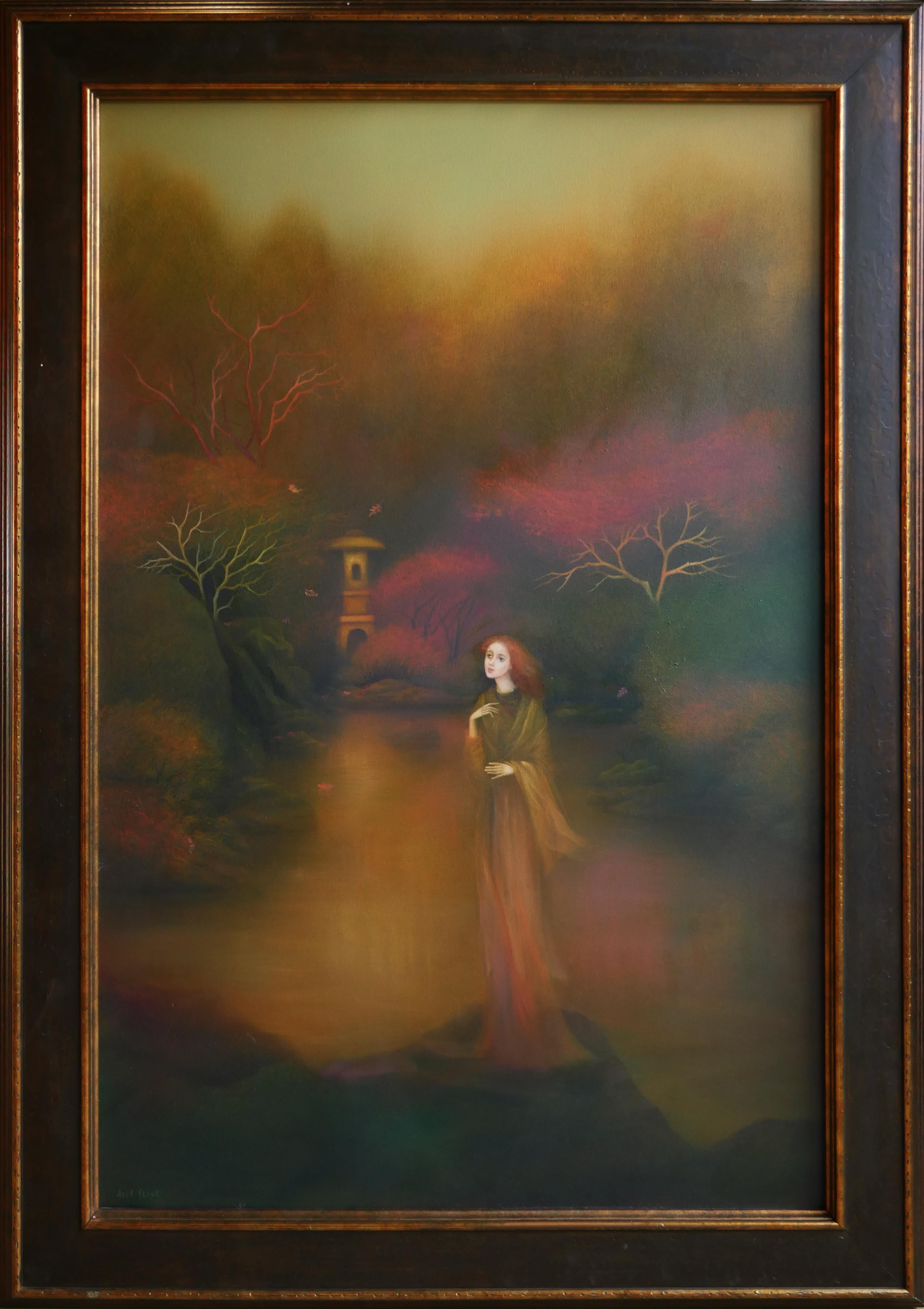 Alla Tsank Landscape Painting - “Autumn Escape” Dark Abstract Figurative Woman in a Forest Surrealist Painting