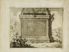 Frontispiece with tomb in a rocky landscape.