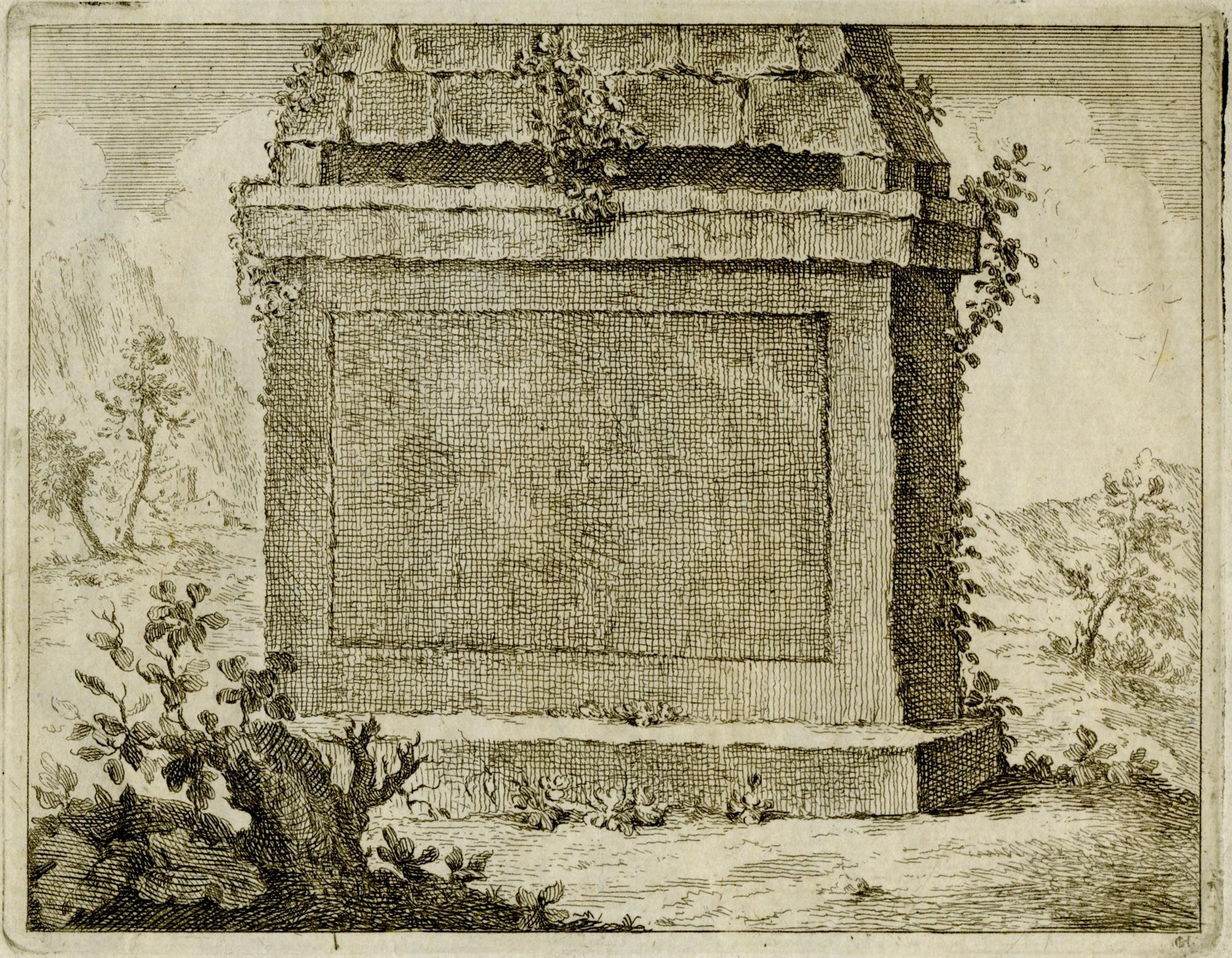 Frontispiece with tomb in a rocky landscape.