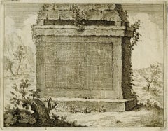 Antique Frontispiece with tomb in a rocky landscape.