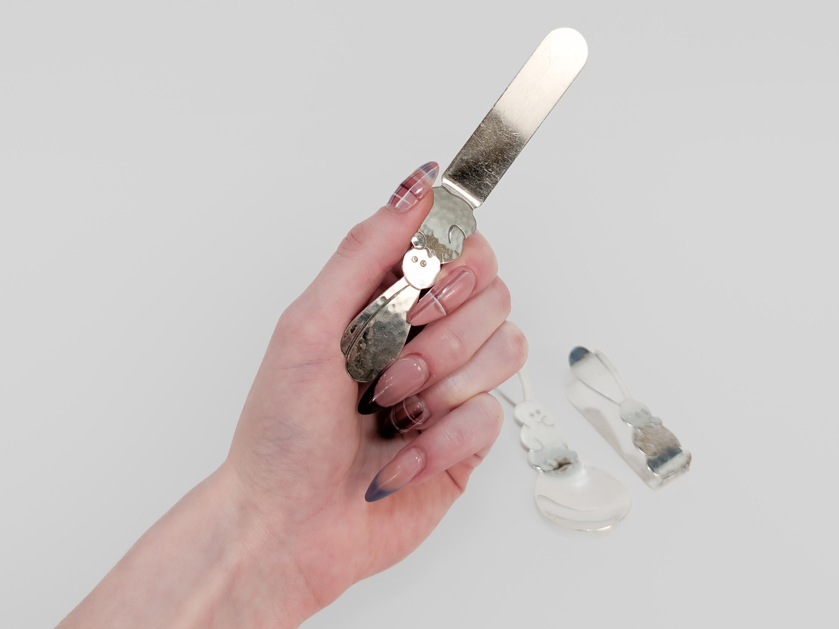 Moderne Allan Adler 3 pièces Lapin en argent sterling martelé à la main Ensemble de couverts pour bébés / jeunes en vente