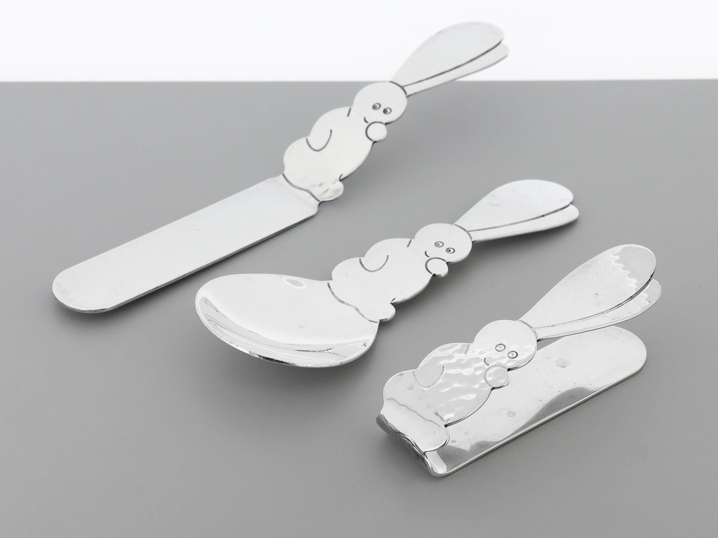 Américain Allan Adler 3 pièces Lapin en argent sterling martelé à la main Ensemble de couverts pour bébés / jeunes en vente