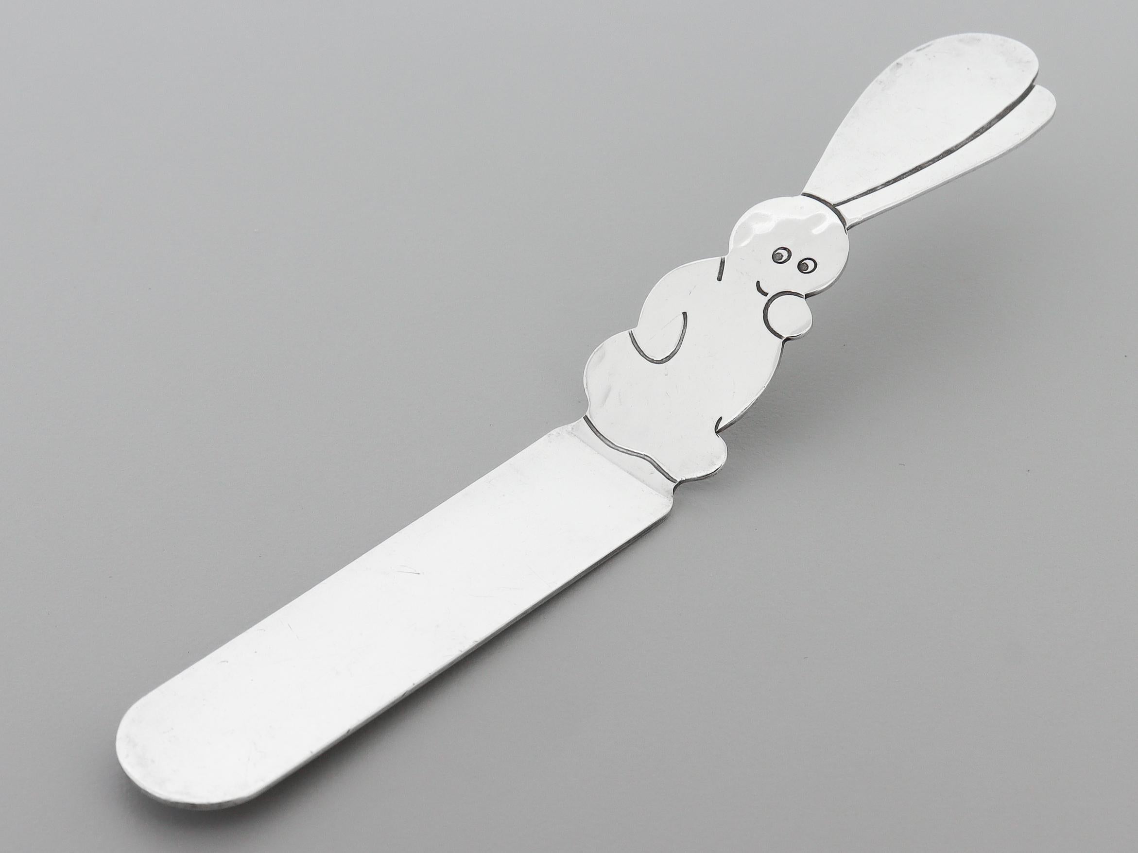 20ième siècle Allan Adler 3 pièces Lapin en argent sterling martelé à la main Ensemble de couverts pour bébés / jeunes en vente