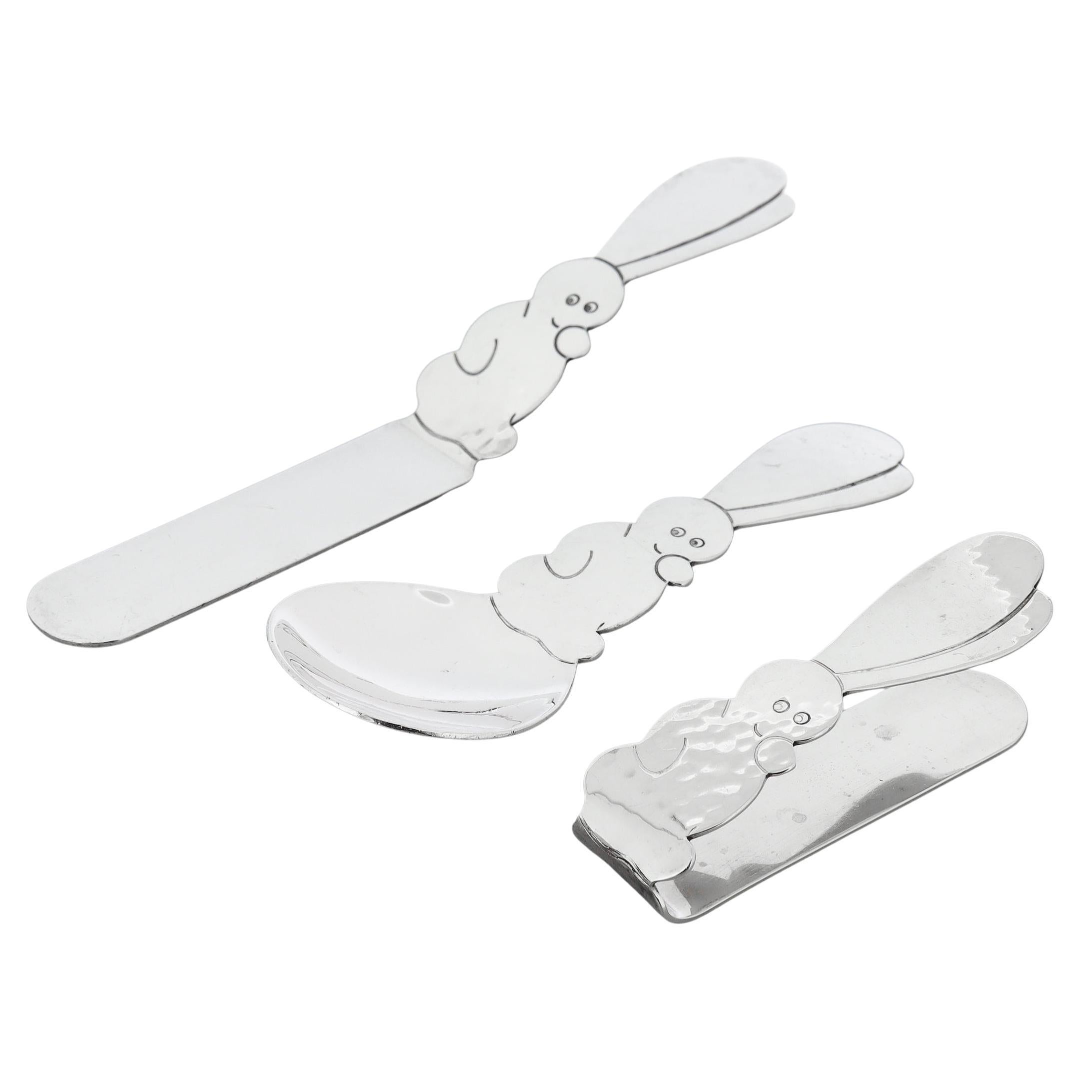 Allan Adler 3 pièces Lapin en argent sterling martelé à la main Ensemble de couverts pour bébés / jeunes en vente