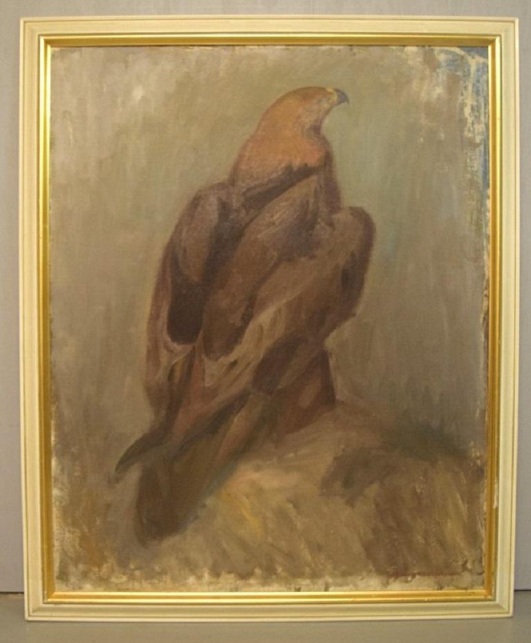 Allan Andersson (1904-1979), listed Swedish artist. 
Large painting. Oil on canvas. 
Golden eagle. Mid-20th century.
The canvas measures: 99 x 80 cm.
The frame measures: 6 cm.
In excellent condition.
Signed.
 
