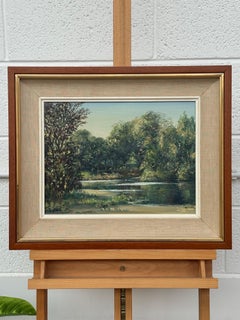 Puente sobre el río entre árboles con figuras, Irlanda del Norte, óleo sobre lienzo, 1980