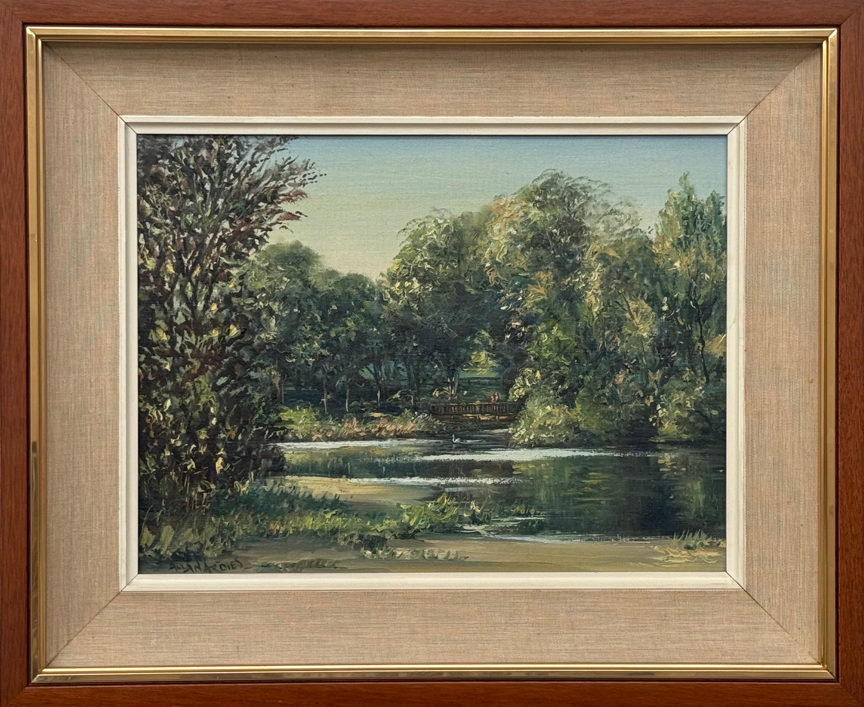 Ponte sul fiume tra gli alberi con figure, Irlanda del Nord, olio su tela, 1980