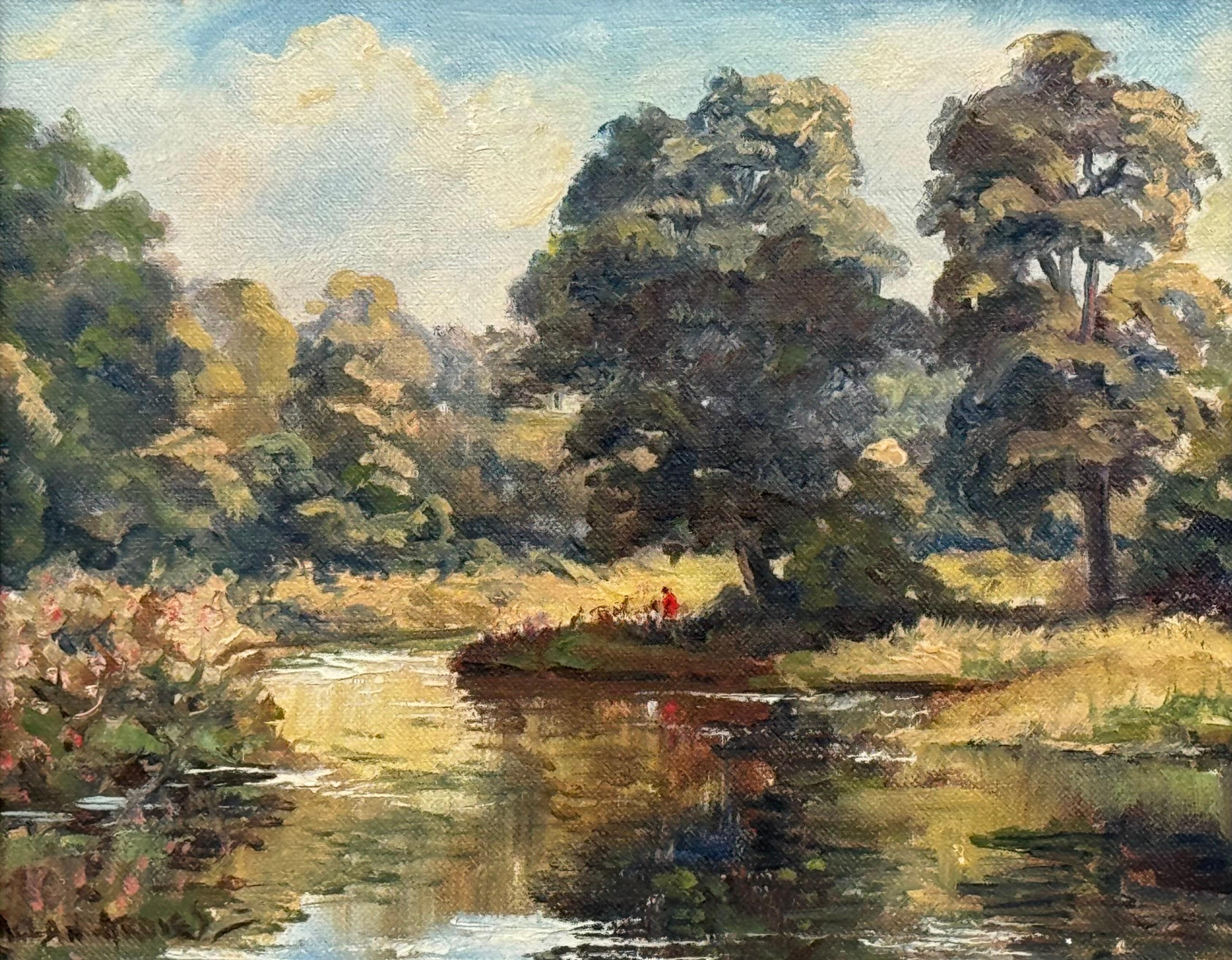 Figuras en un bosque junto a la orilla de un río en Irlanda del Norte por un artista del siglo XX en venta 9