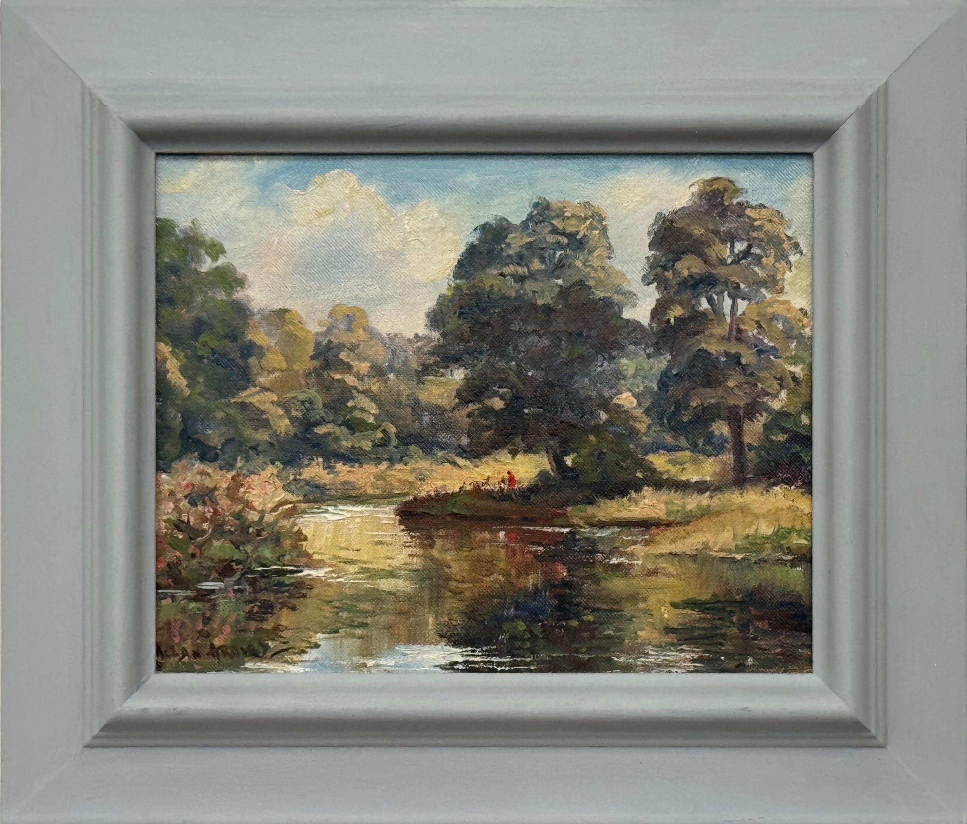 Landscape Painting de Allan Ardies - Figuras en un bosque junto a la orilla de un río en Irlanda del Norte por un artista del siglo XX