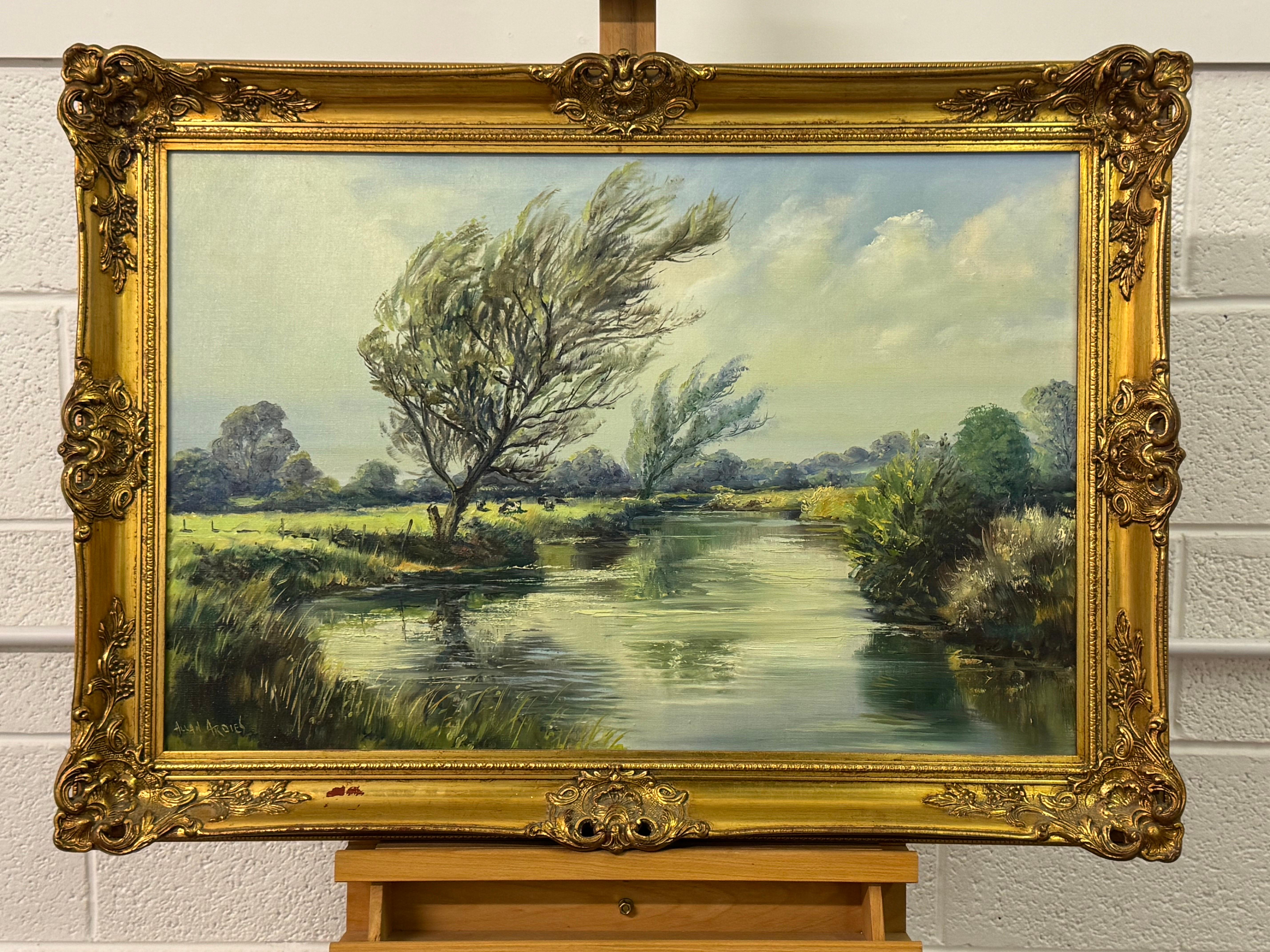 Pintura al óleo de un paisaje lacustre fluvial arbolado en la campiña irlandesa - Painting de Allan Ardies
