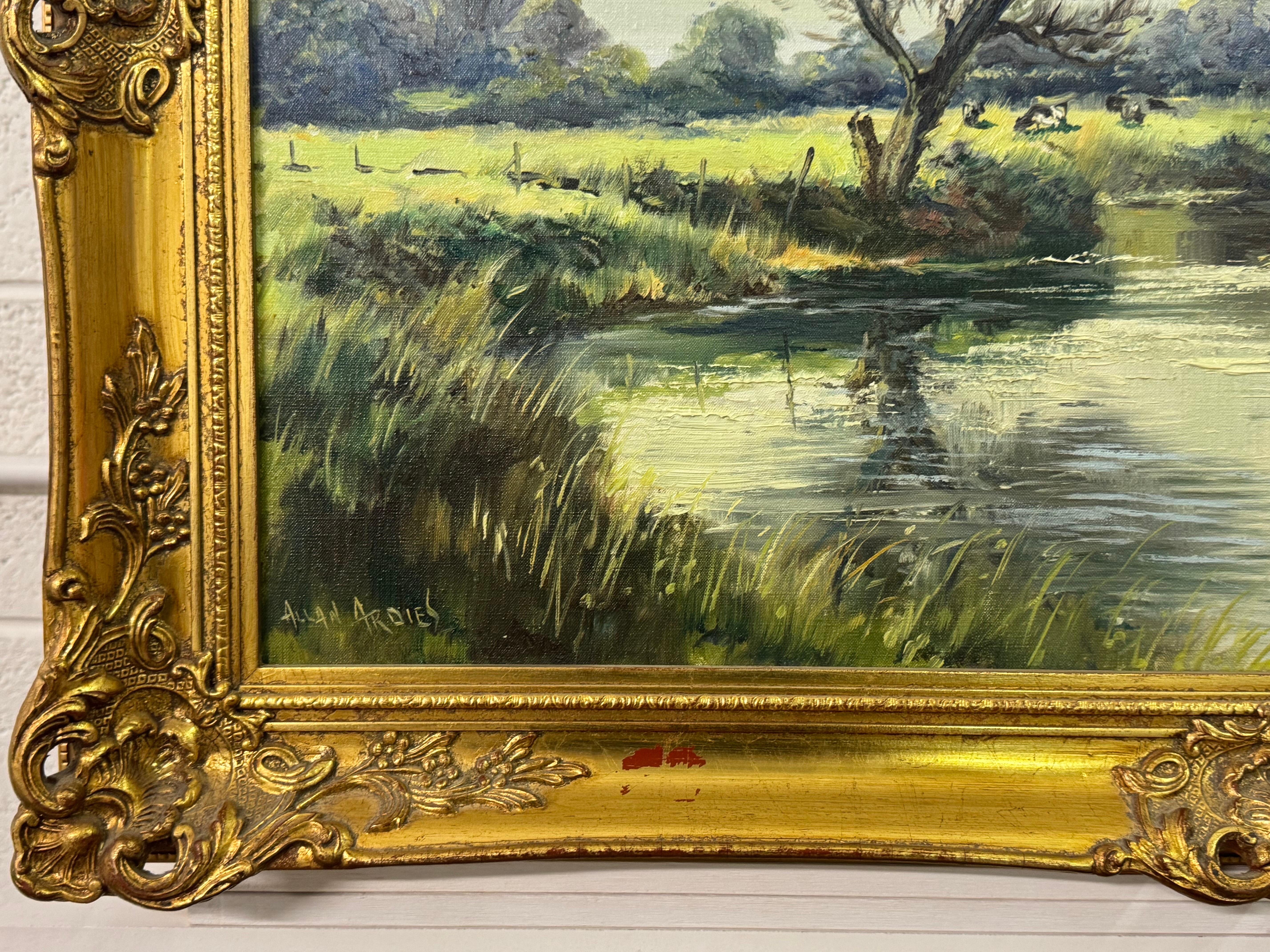 Pintura al óleo de un paisaje lacustre fluvial arbolado en la campiña irlandesa - Figurative Painting Marrón de Allan Ardies