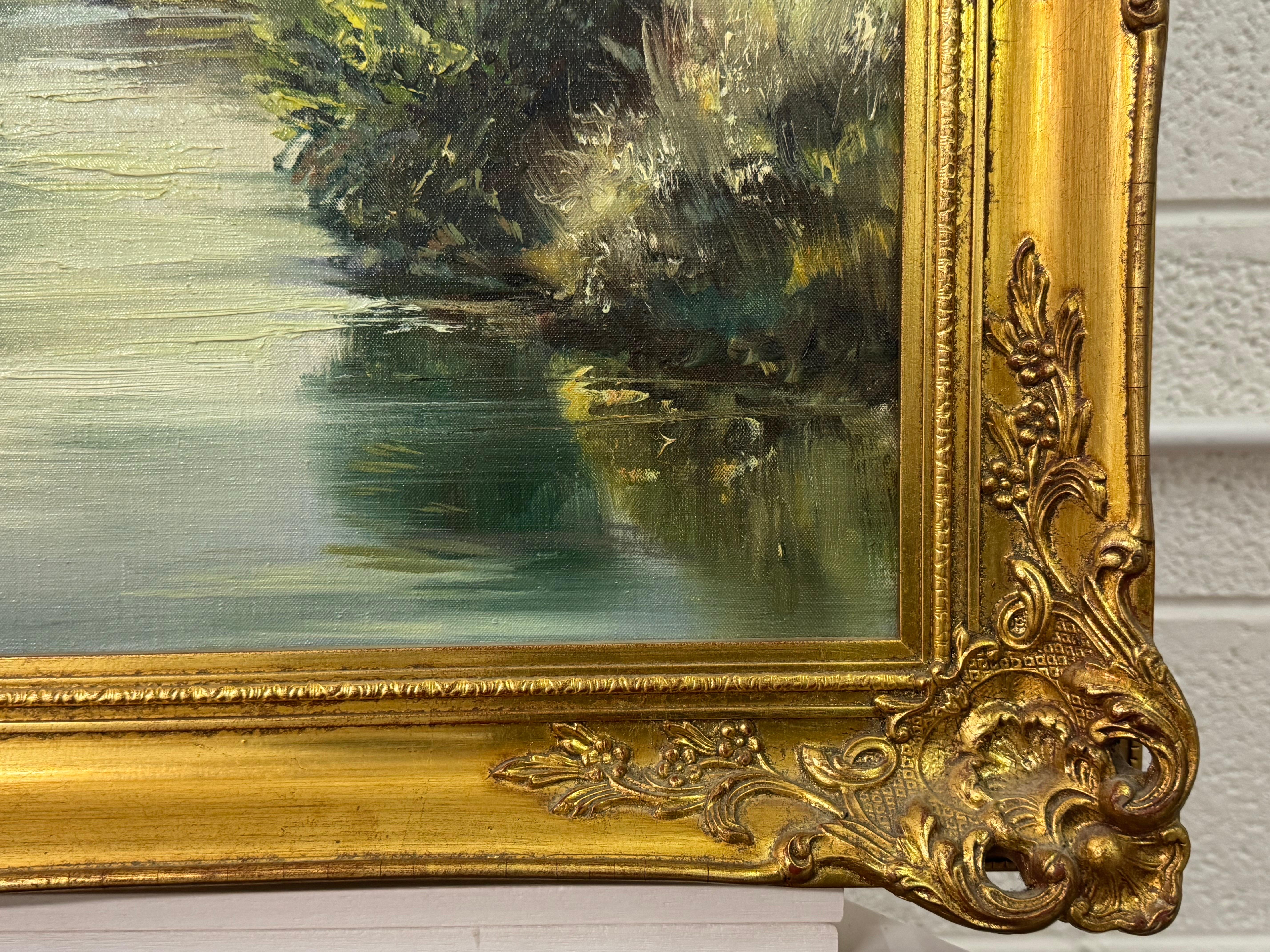 Pintura al óleo de un paisaje lacustre fluvial arbolado en la campiña irlandesa en venta 1