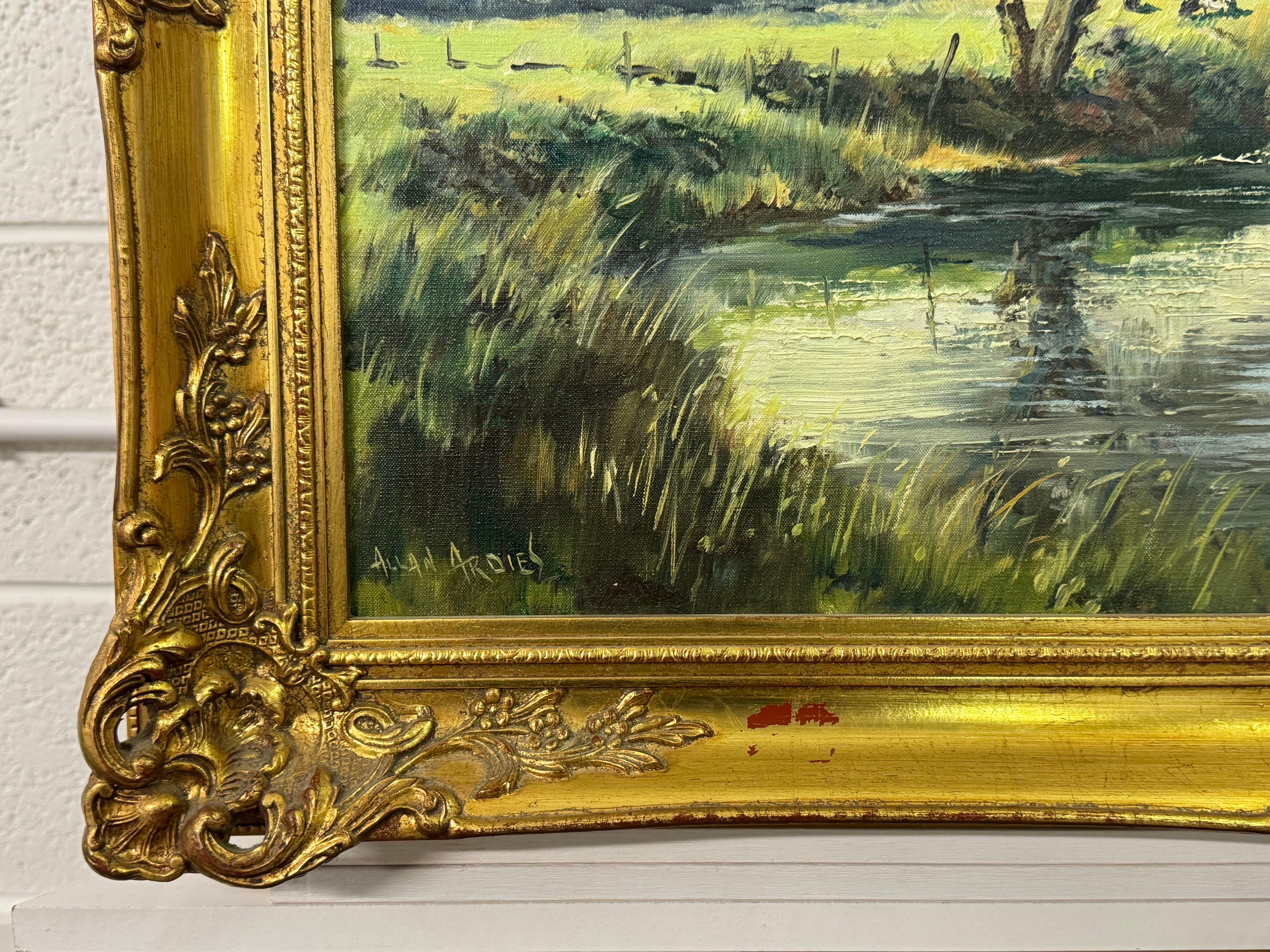 Pintura al óleo de un paisaje lacustre fluvial arbolado en la campiña irlandesa en venta 3