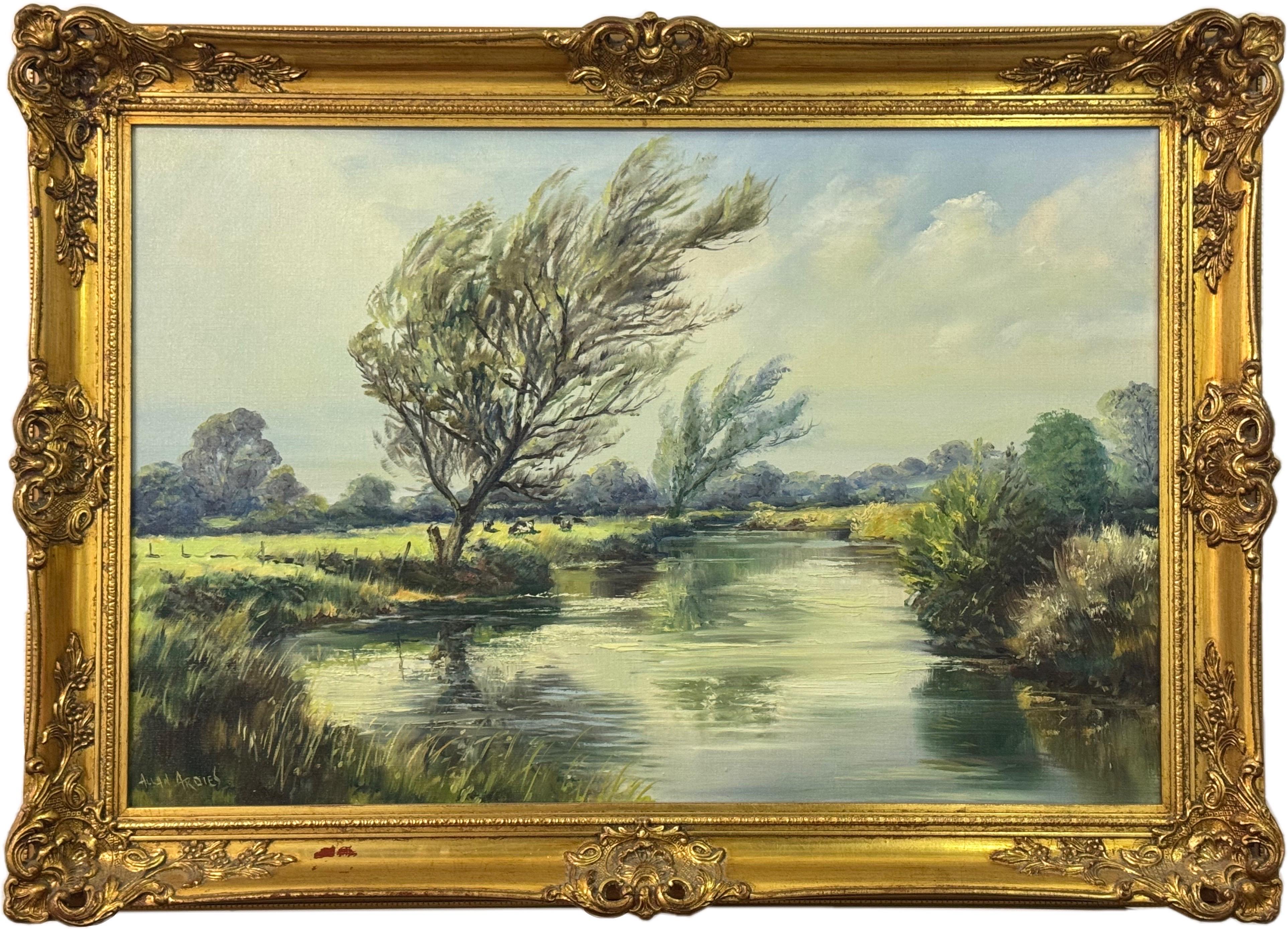 Figurative Painting de Allan Ardies - Pintura al óleo de un paisaje lacustre fluvial arbolado en la campiña irlandesa