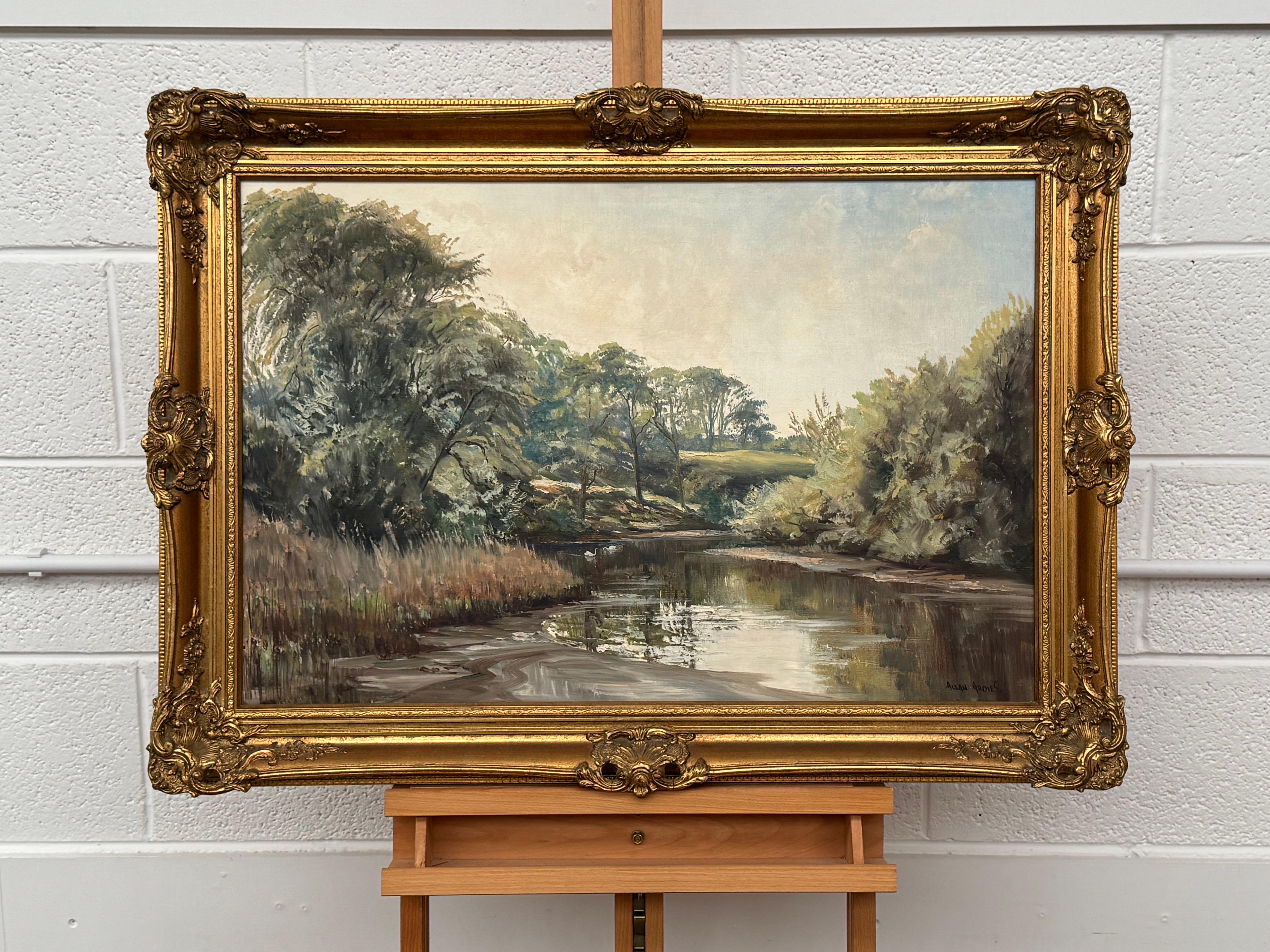 Vintage Ölgemälde einer baumgesäumten Flusslandschaft in der irischen Landschaft von Allan Ardies (1918 - 2014), einem Künstler des 20. Jahrhunderts. Ein impressionistisches Original-Ölgemälde auf Leinwand in gutem Zustand, das in einem