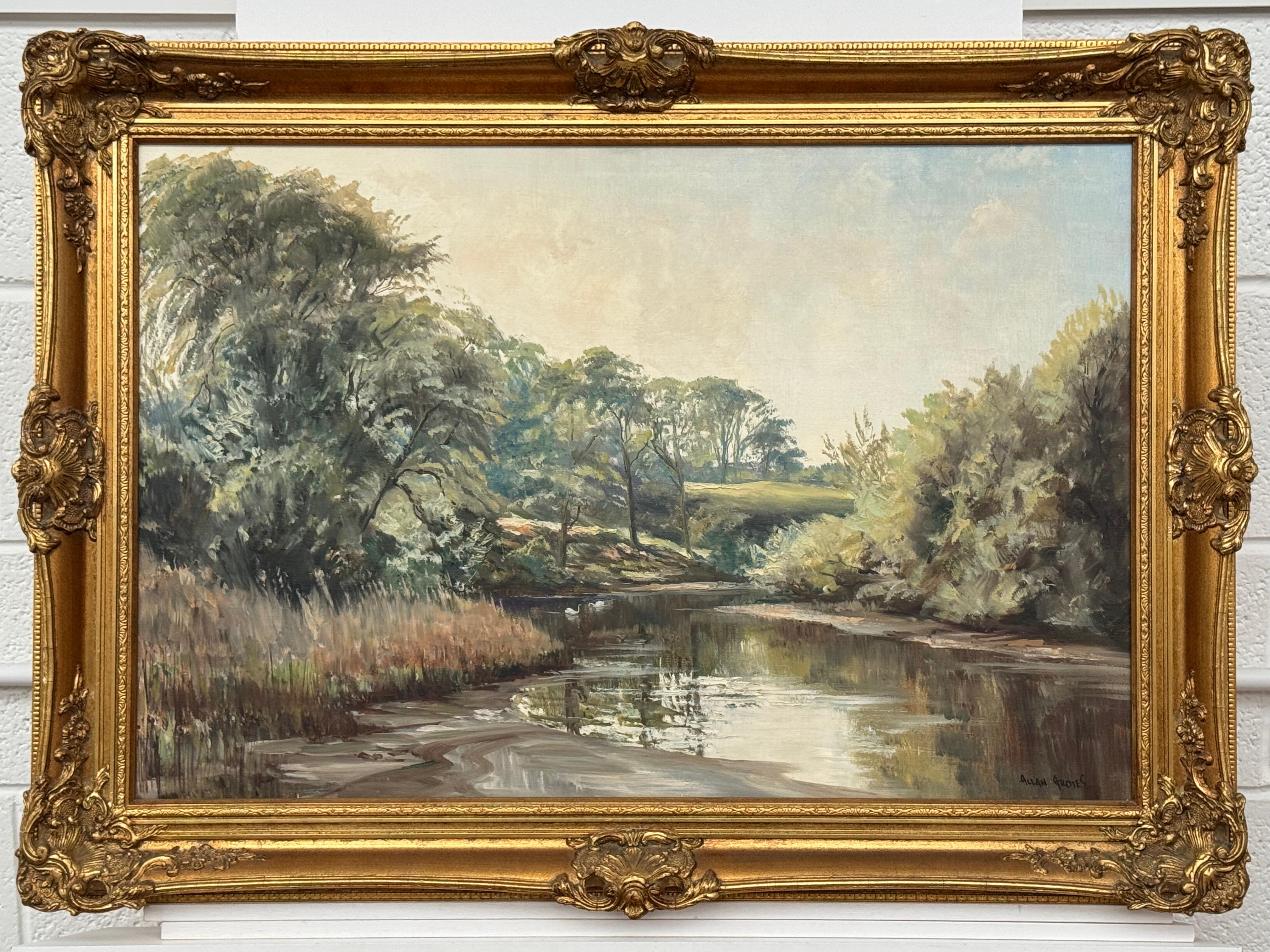 Vintage Oil Painting of a Tree-Lined River Landscape in the Irish Countryside