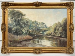 Vintage Oil Painting of a Tree-Lined River Landscape in the Irish Countryside