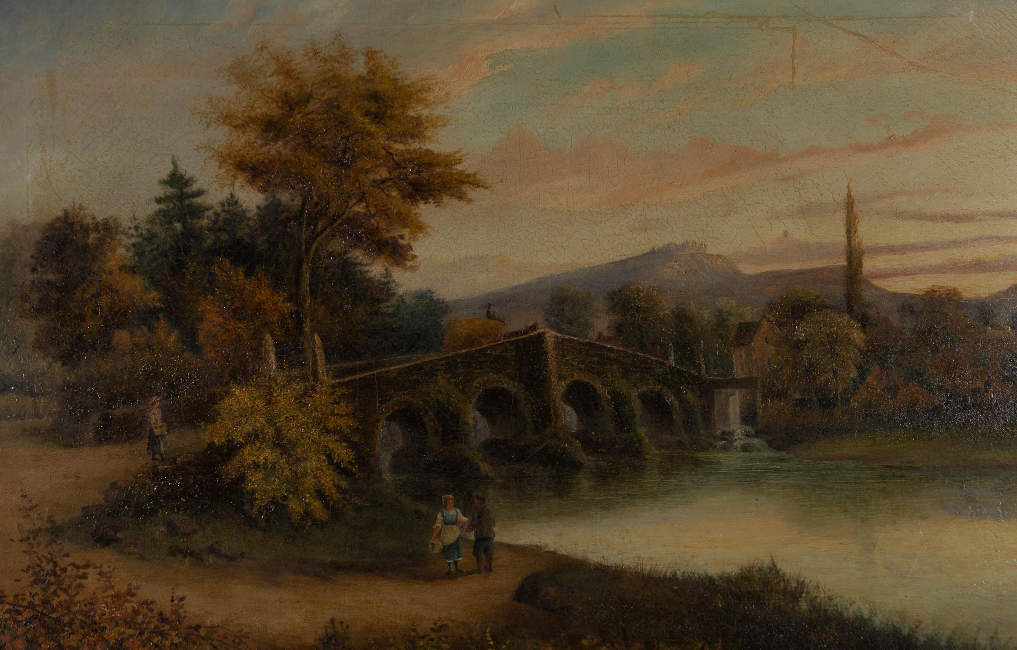 A picturesque rural scene depicting a stone bridge leading to a village. Signed and dated to the lower-right edge. On canvas on stretchers.

