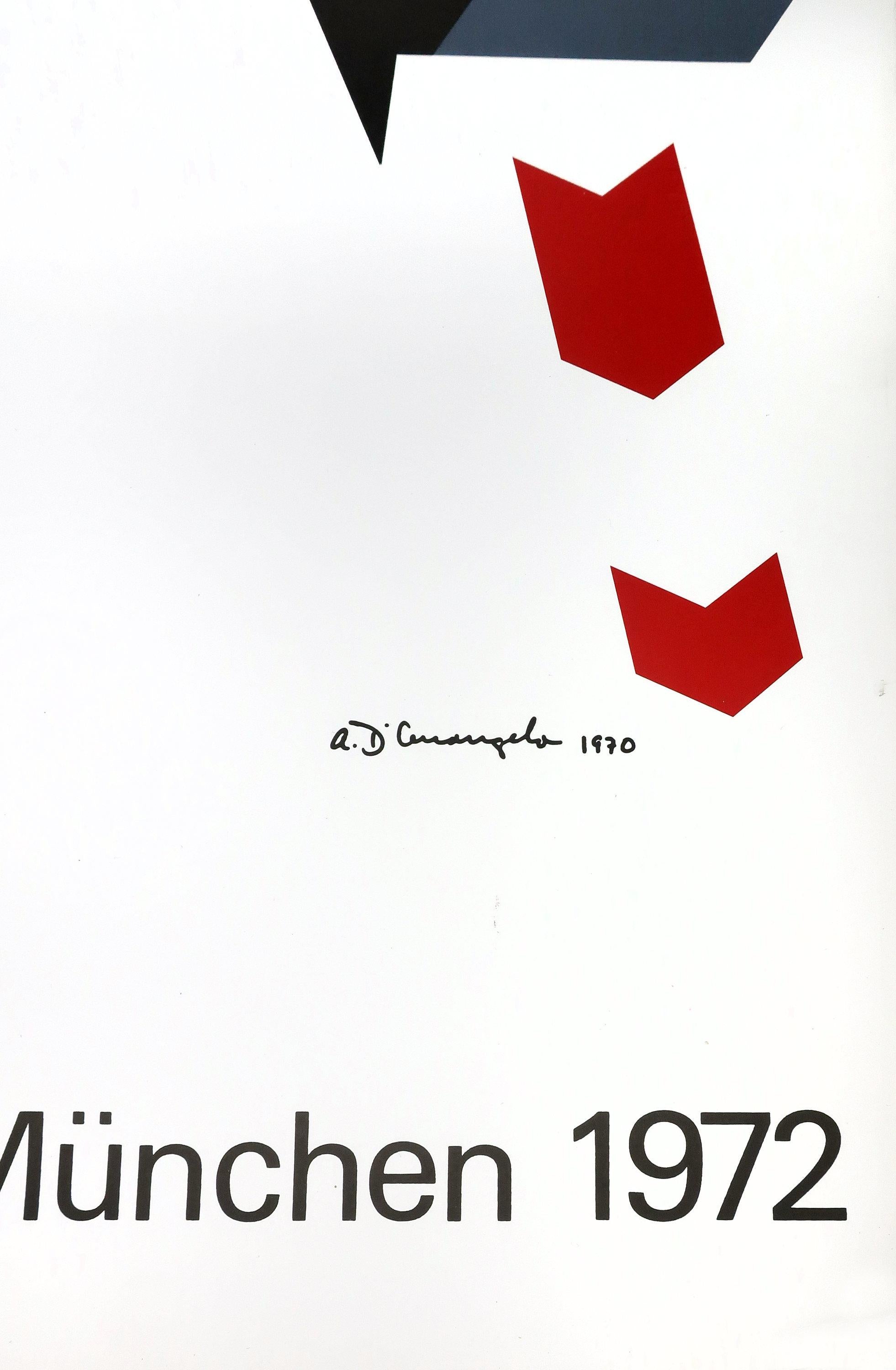 Serigraph by Allan D'Arcangelo to commemorate the 1972 Olympics in Munich, Germany. Signed by the artist in the plate.
 
 Approximately 25” x 40” with a 1.5” tear on bottom. Tape put on the back of poster to keep rip from expanding.
 
 Ships