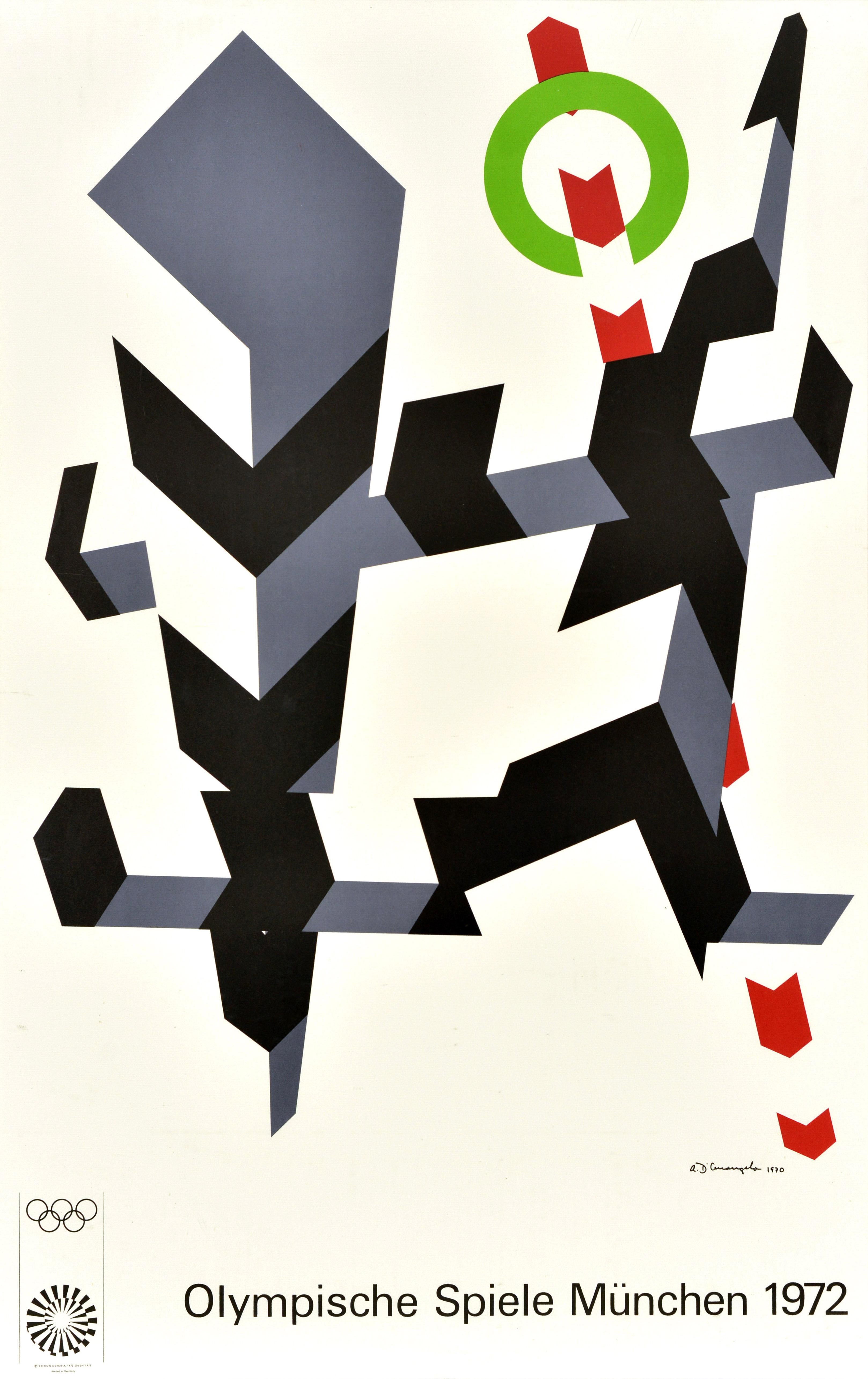 Poster sportivo originale d'epoca che pubblicizza le Olimpiadi estive del 1972 a Monaco di Baviera - Olympische Spiele Munchen - con un disegno dell'artista e stampatore americano Allan D'Arcangelo (1930-1998) che raffigura dei pali rettangolari in