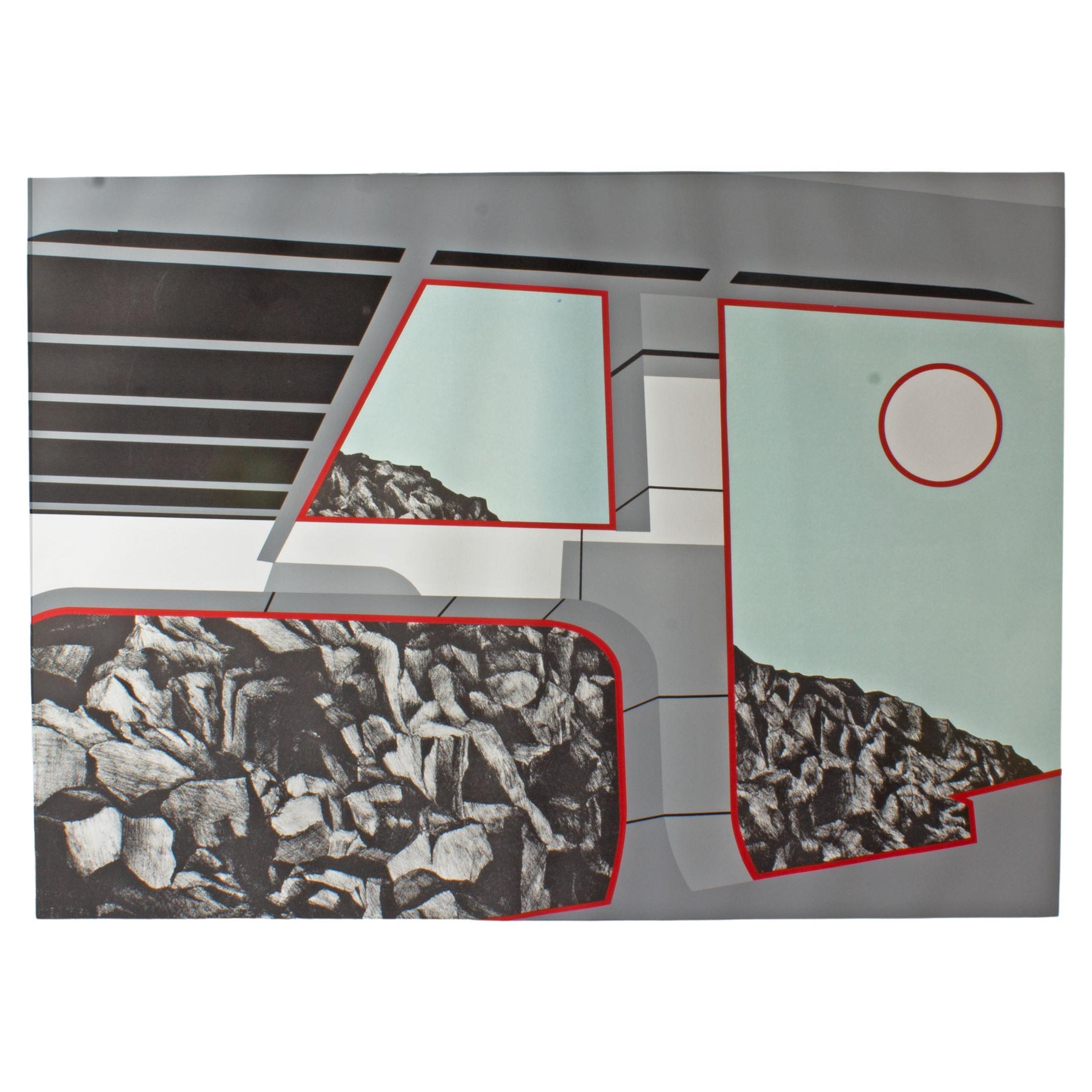 A 1978 artist's proof serigraph print on paper by American artist and printmaker Allan d'Arcangelo(1930-1998). This light blue, gray, black, red and white Pop Art print depicts a rocky view from the interior of a transportation vehicle. Hard
