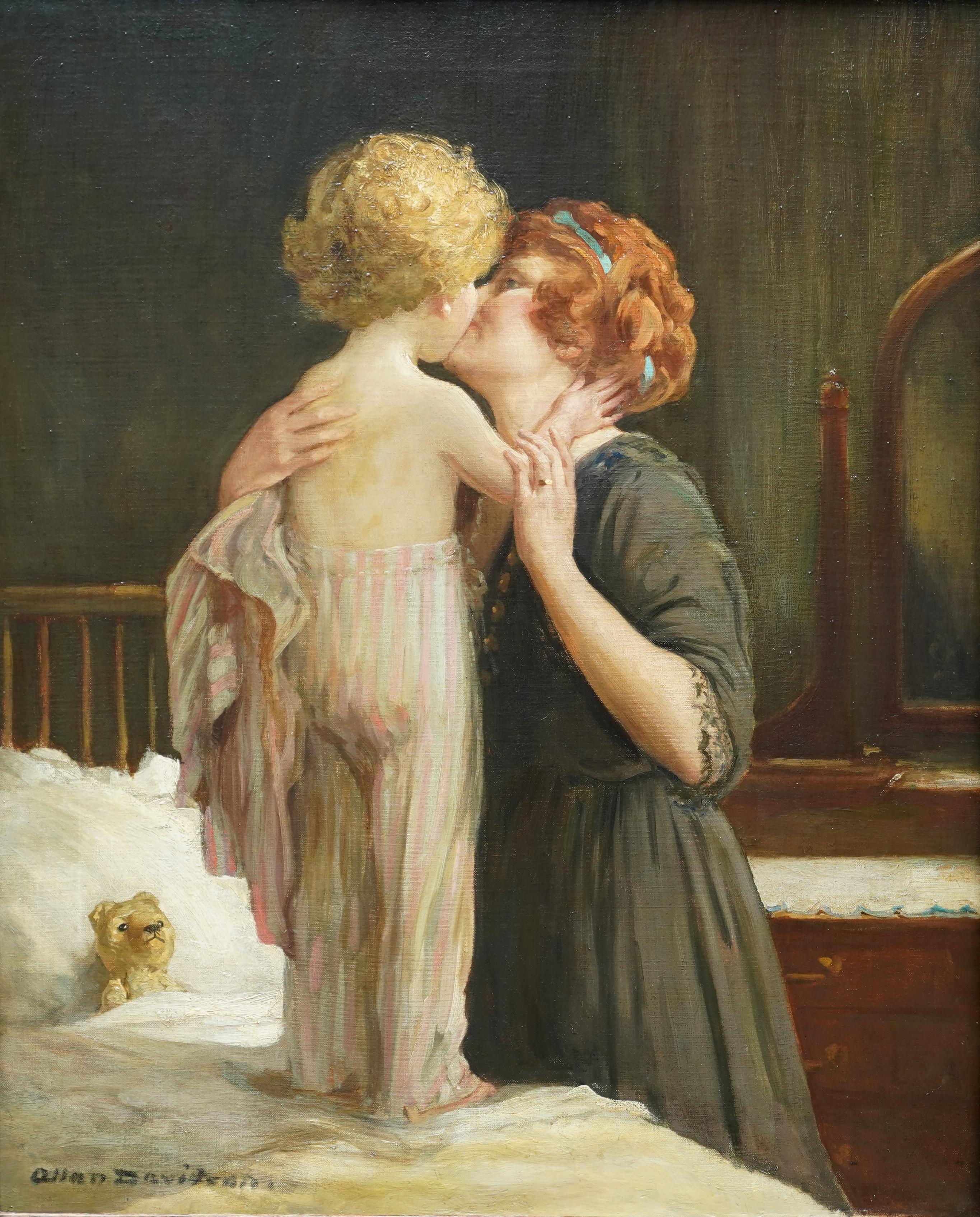 L'amour de la mère - Bedtime - Peinture à l'huile d'un portrait de mère enfant, art britannique des années 20 en vente 5
