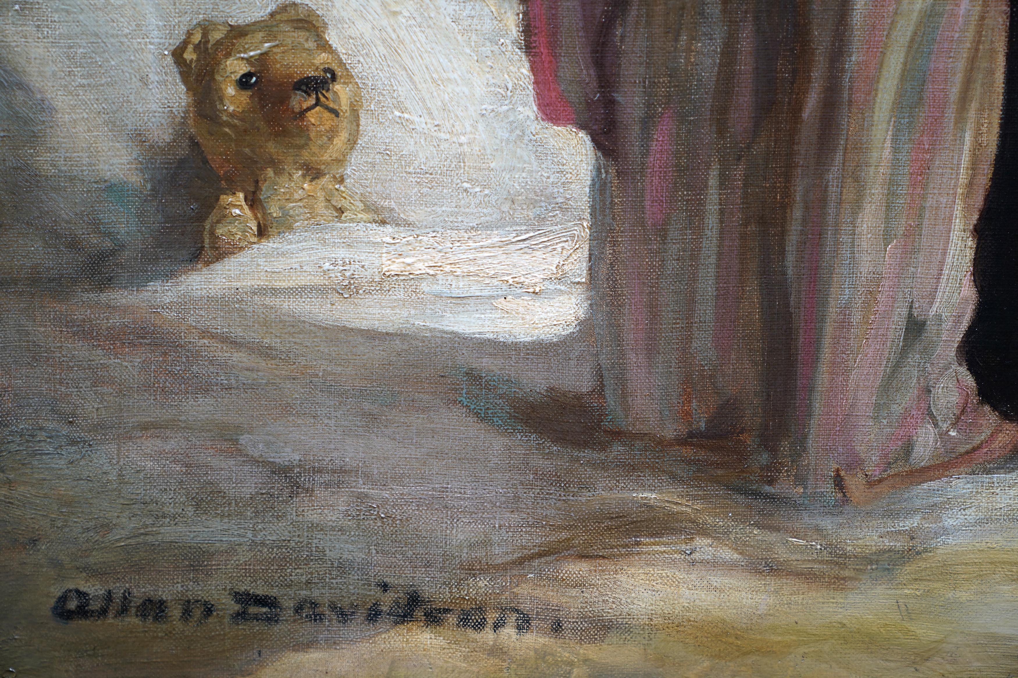 L'amour de la mère - Bedtime - Peinture à l'huile d'un portrait de mère enfant, art britannique des années 20 en vente 2