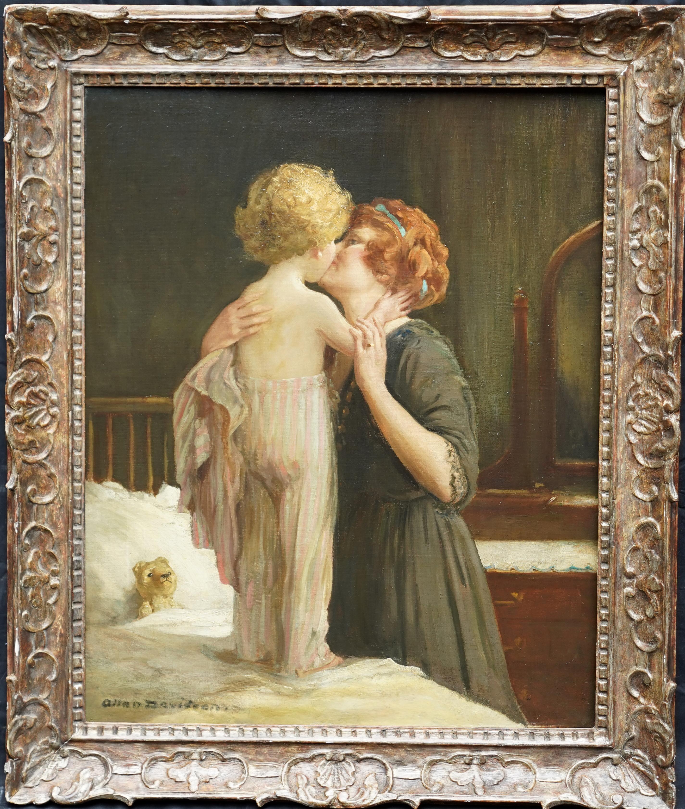 Interior Painting Allan Douglas Davidson - L'amour de la mère - Bedtime - Peinture à l'huile d'un portrait de mère enfant, art britannique des années 20