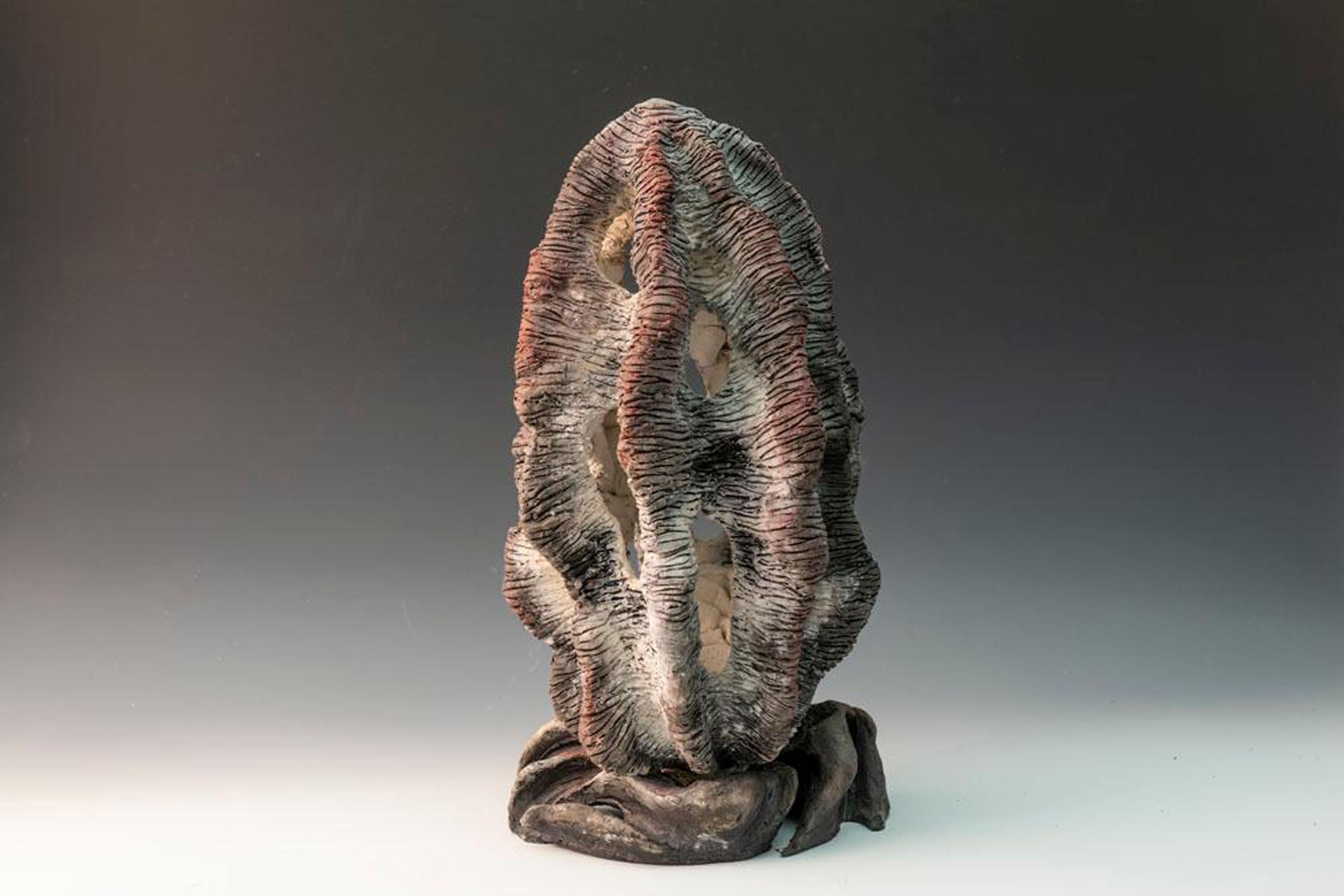 Allan Drossman Abstract Sculpture - "Captured Light", textured ceramic in grays and pinks, embodies essential clay