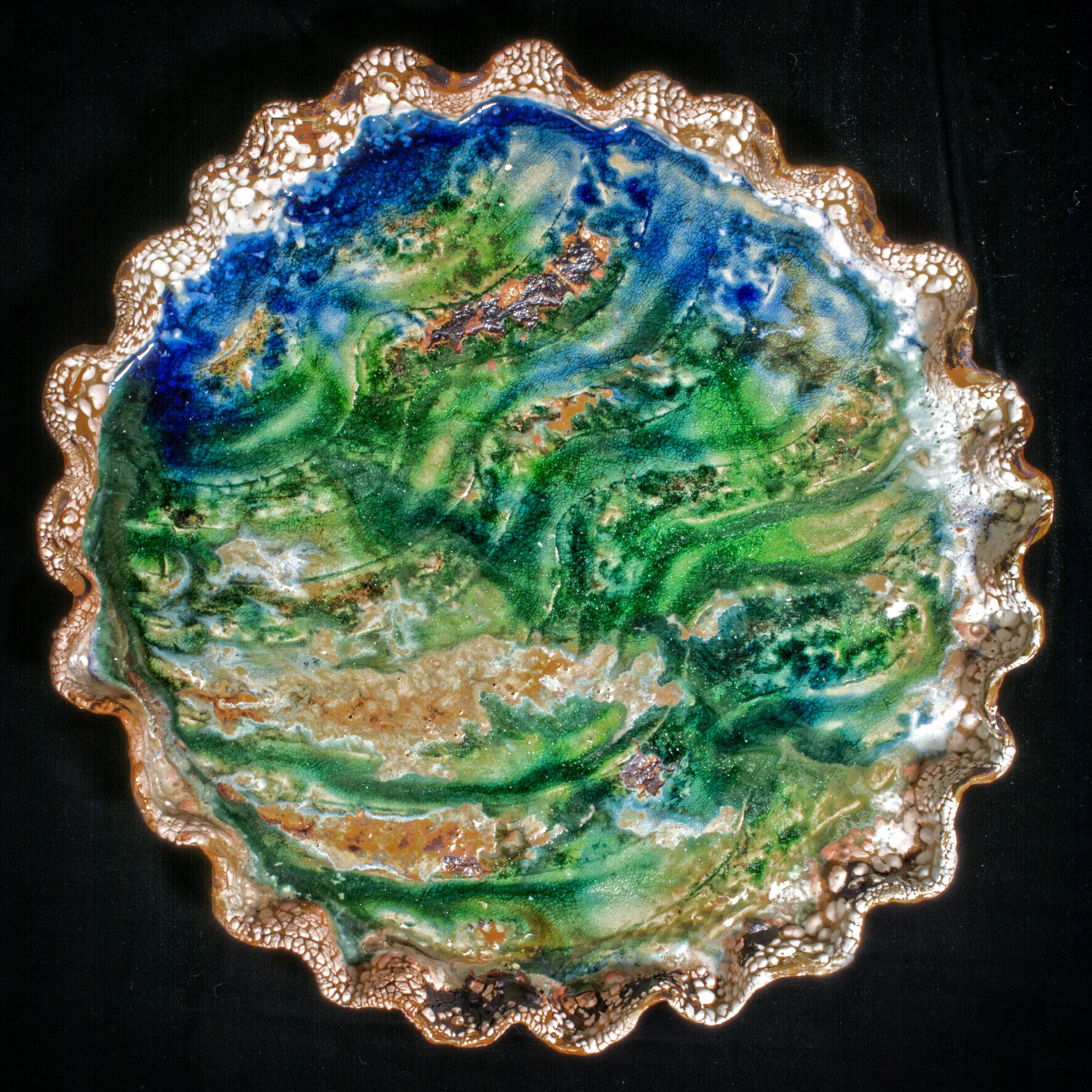 "Great Lake", textured ceramic in bright blues, greens and cream - Sculpture by Allan Drossman