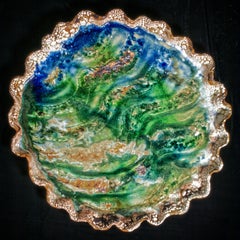 "Great Lake", textured ceramic in bright blues, greens and cream