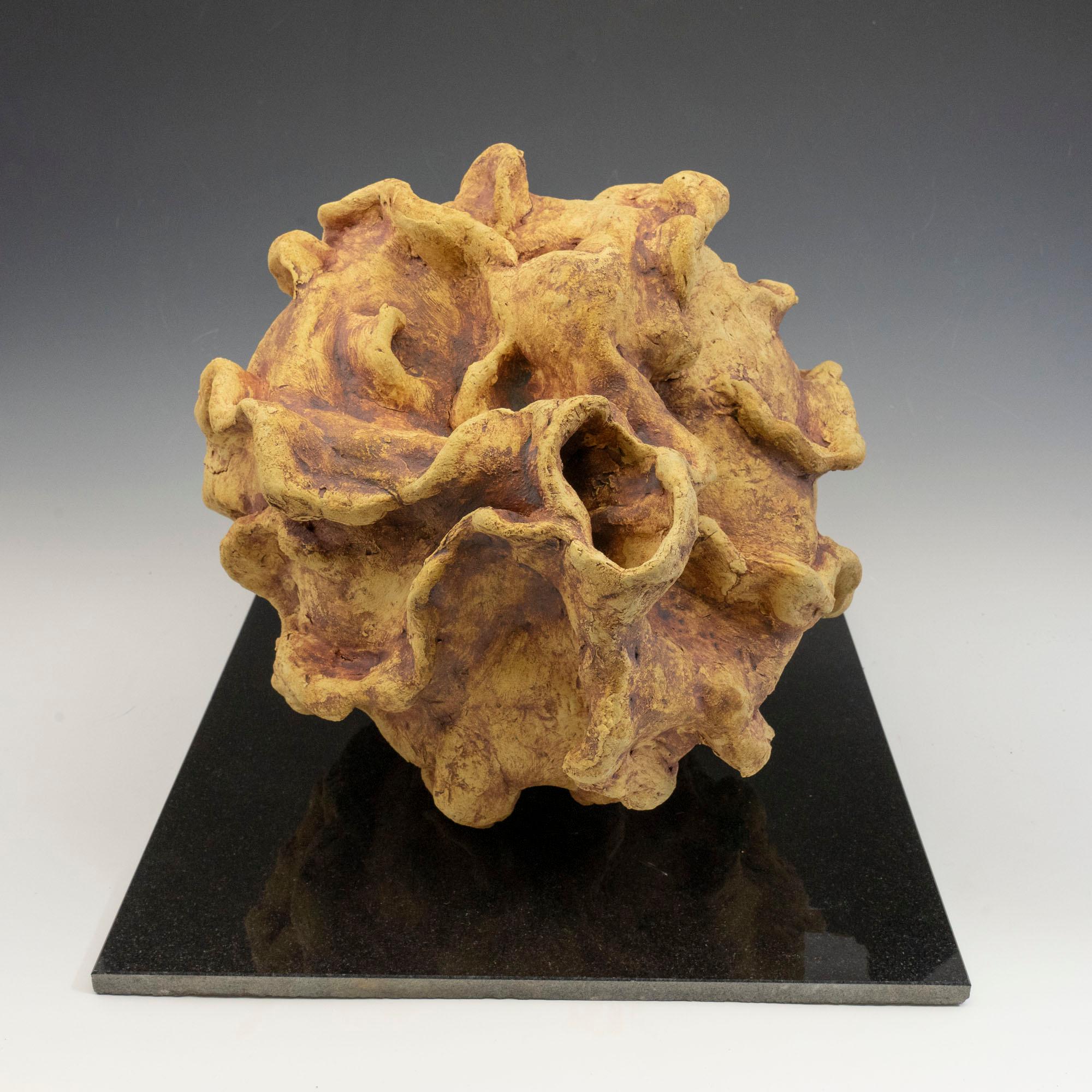 "Hiding Place", golden yellow textured ceramic, embodies the essence of clay  - Sculpture by Allan Drossman