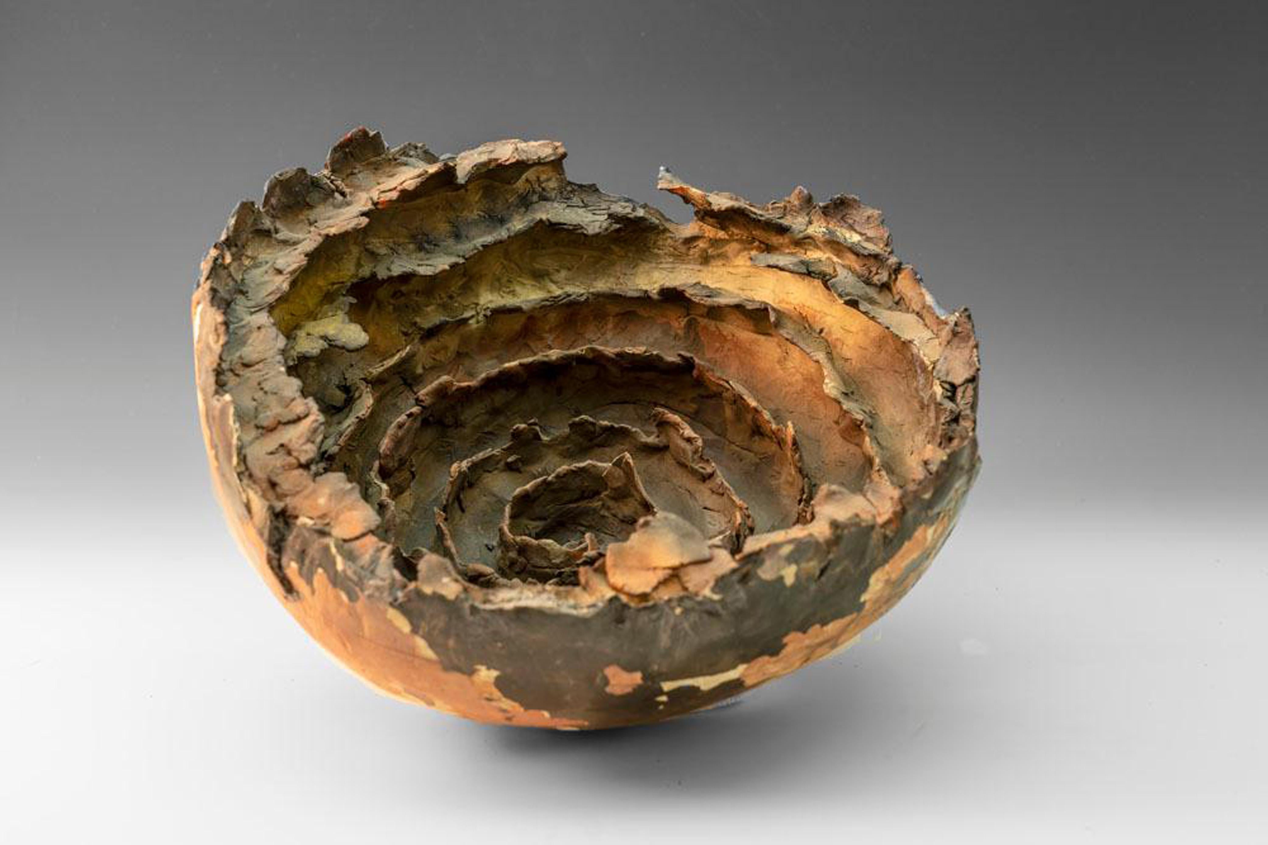 "Moon Crater", textured ceramic in golds and browns, embodies essential clay - Sculpture by Allan Drossman