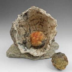 "New Life", gray, orange and yellow glazed and textured ceramic