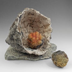 "New Life", gray, orange and yellow glazed and textured ceramic
